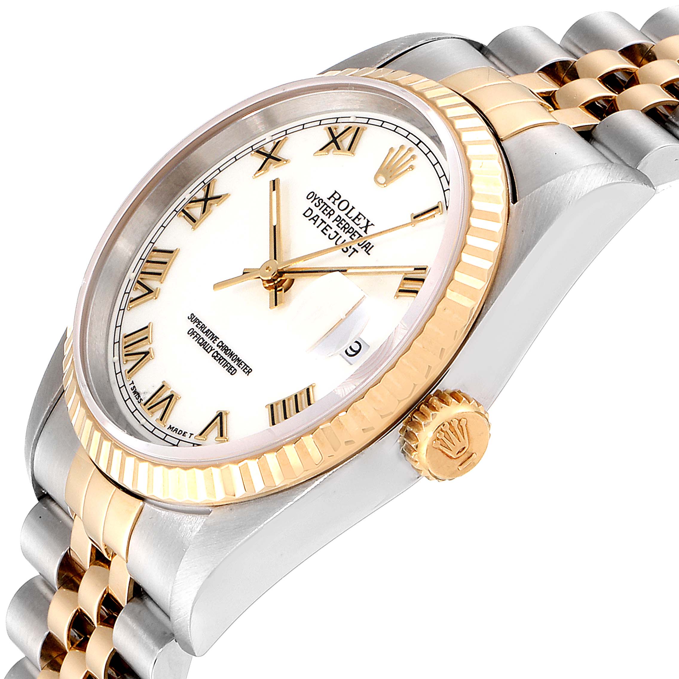 This image shows an angled close-up of the Rolex Datejust 16233 Men
s Steel and Gold (two tone) White Dial 16233 Men
s Steel and Gold (two tone) White Dial watch, highlighting the dial, bezel, and crown.