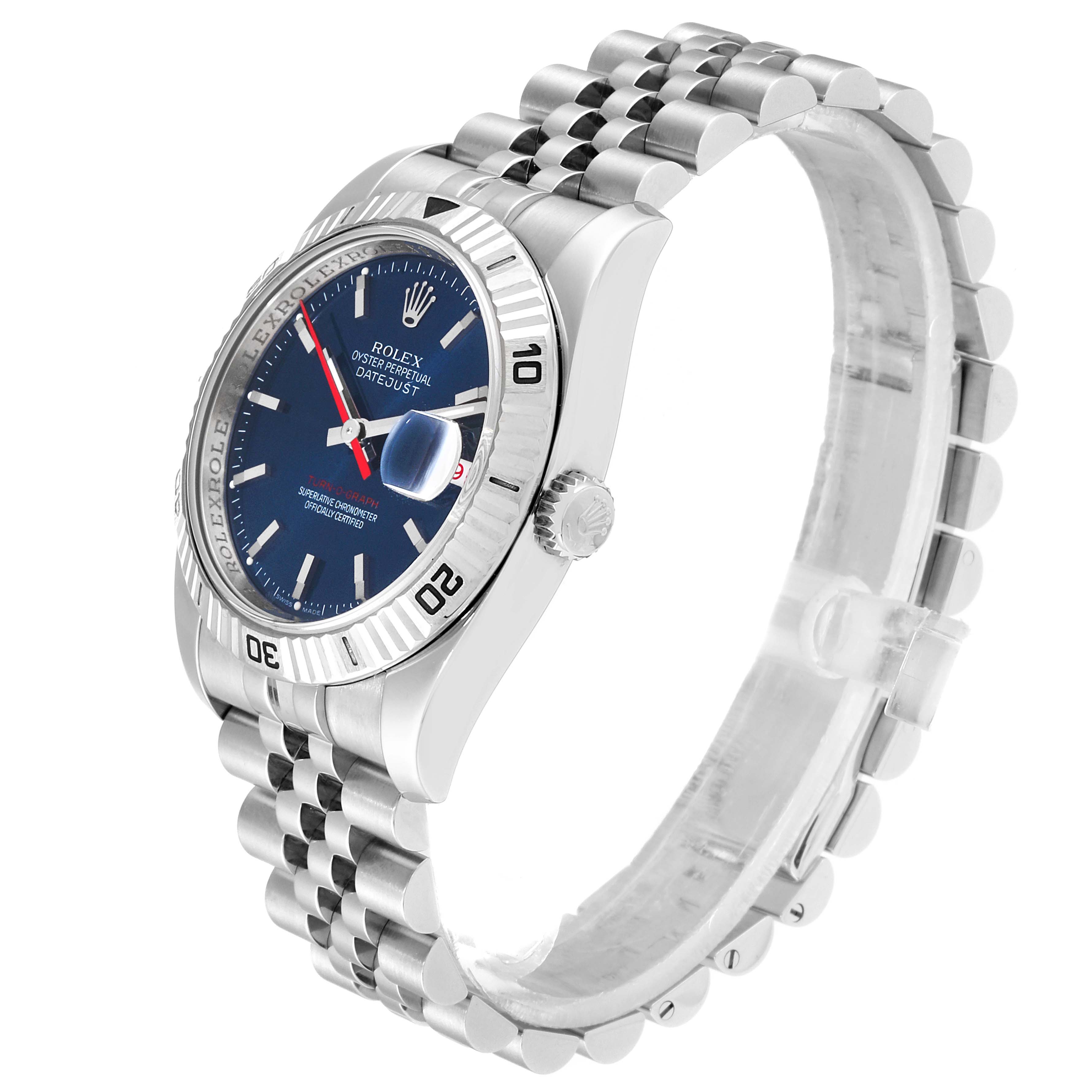 The image shows a Rolex Turn-o-Graph 116264 Men
s Stainless Steel Blue Dial 116264 Men
s Stainless Steel Blue Dial watch, angled slightly from the front, displaying its dial, bezel, crown, and bracelet.