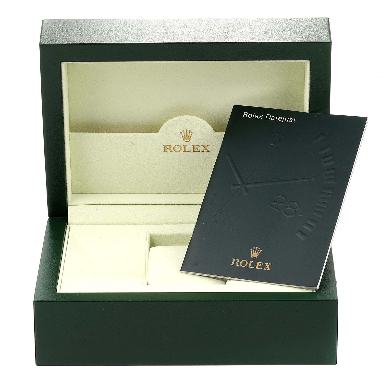 The image shows an open green Rolex box and a Rolex Datejust booklet, presumably for a Turn-o-Graph model by Rolex.