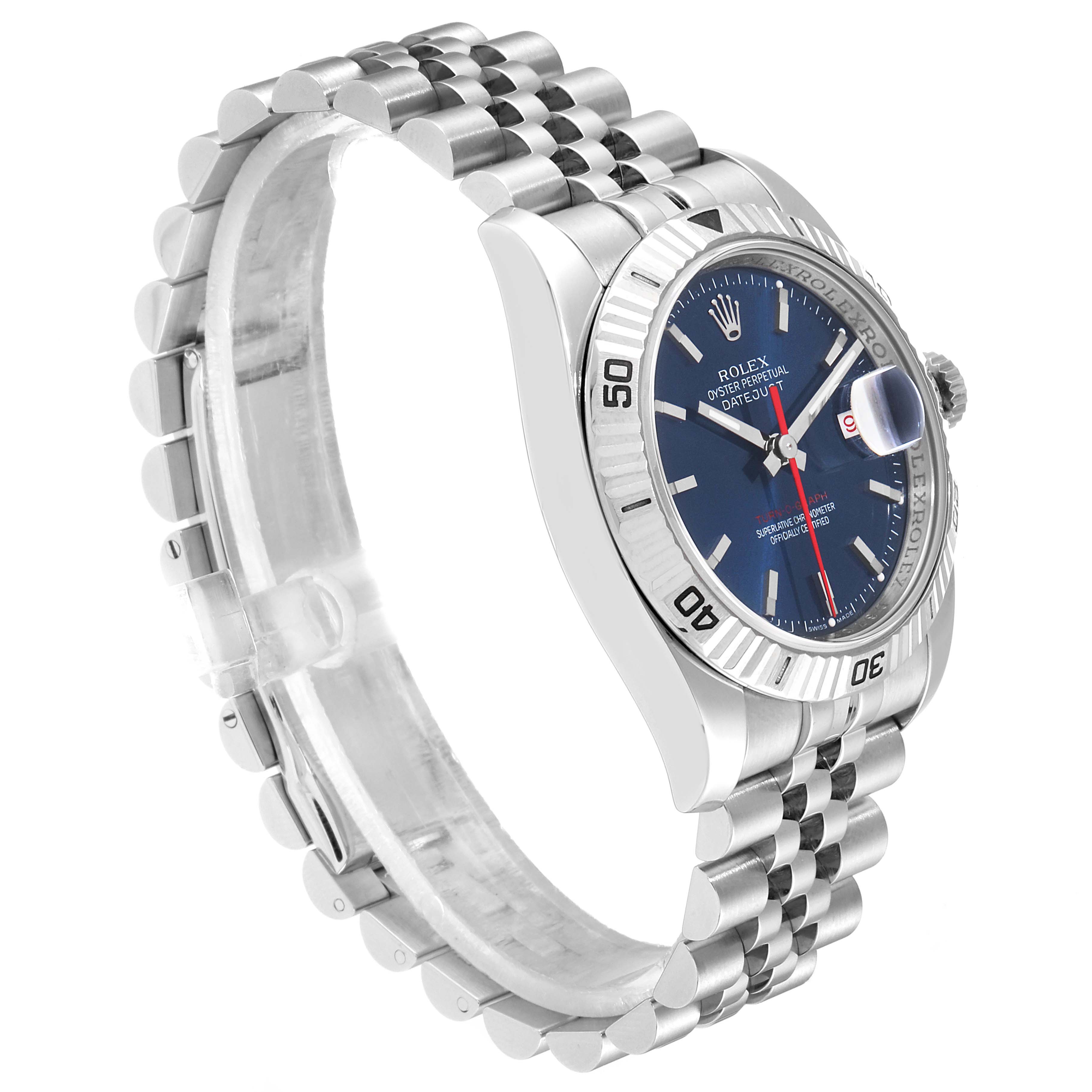 The image shows a side and angled view of the Rolex Turn-o-Graph 116264 Men
s Stainless Steel Blue Dial 116264 Men
s Stainless Steel Blue Dial watch, highlighting the bracelet, case, bezel, and dial.
