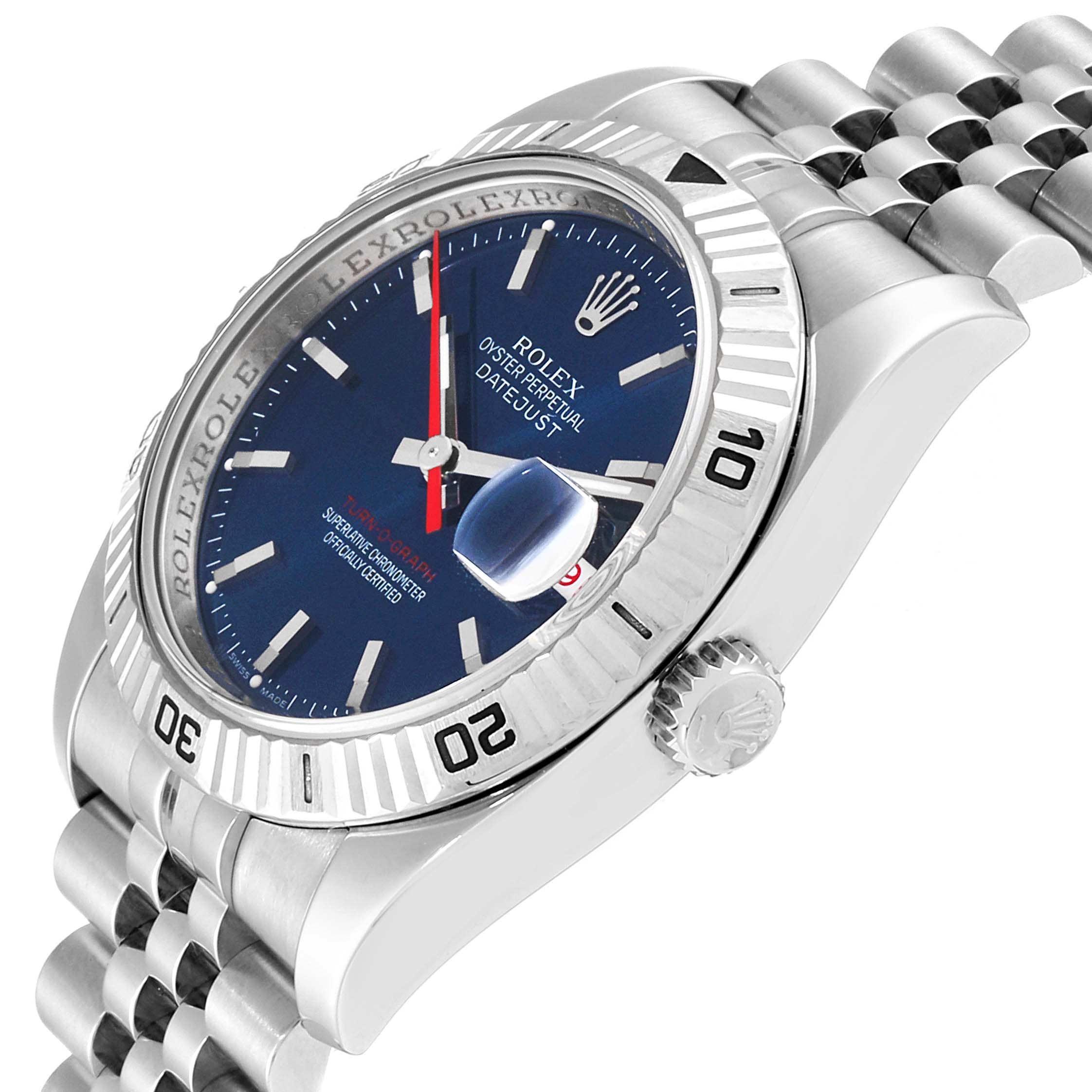 The image shows a Rolex Turn-o-Graph 116264 Men
s Stainless Steel Blue Dial 116264 Men
s Stainless Steel Blue Dial watch at an oblique angle, highlighting the face, bezel, crown, and part of the bracelet.