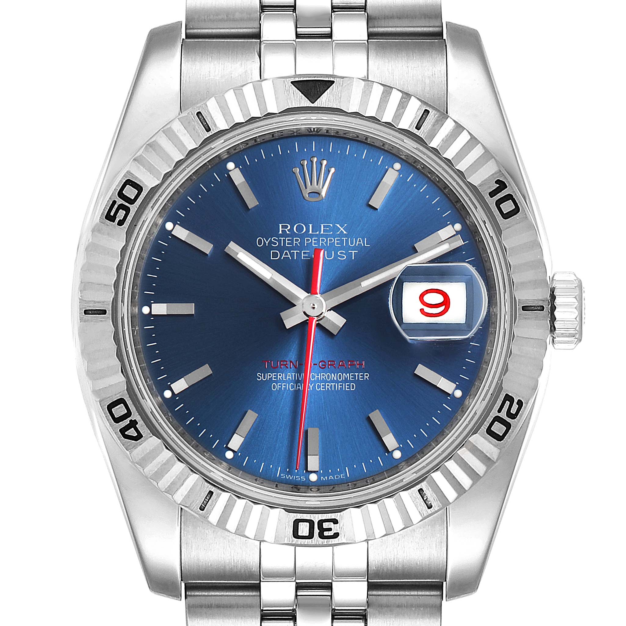 The image shows a front view of the Rolex Turn-o-Graph 116264 Men
s Stainless Steel Blue Dial 116264 Men
s Stainless Steel Blue Dial watch, featuring the dial, bezel, and part of the bracelet.