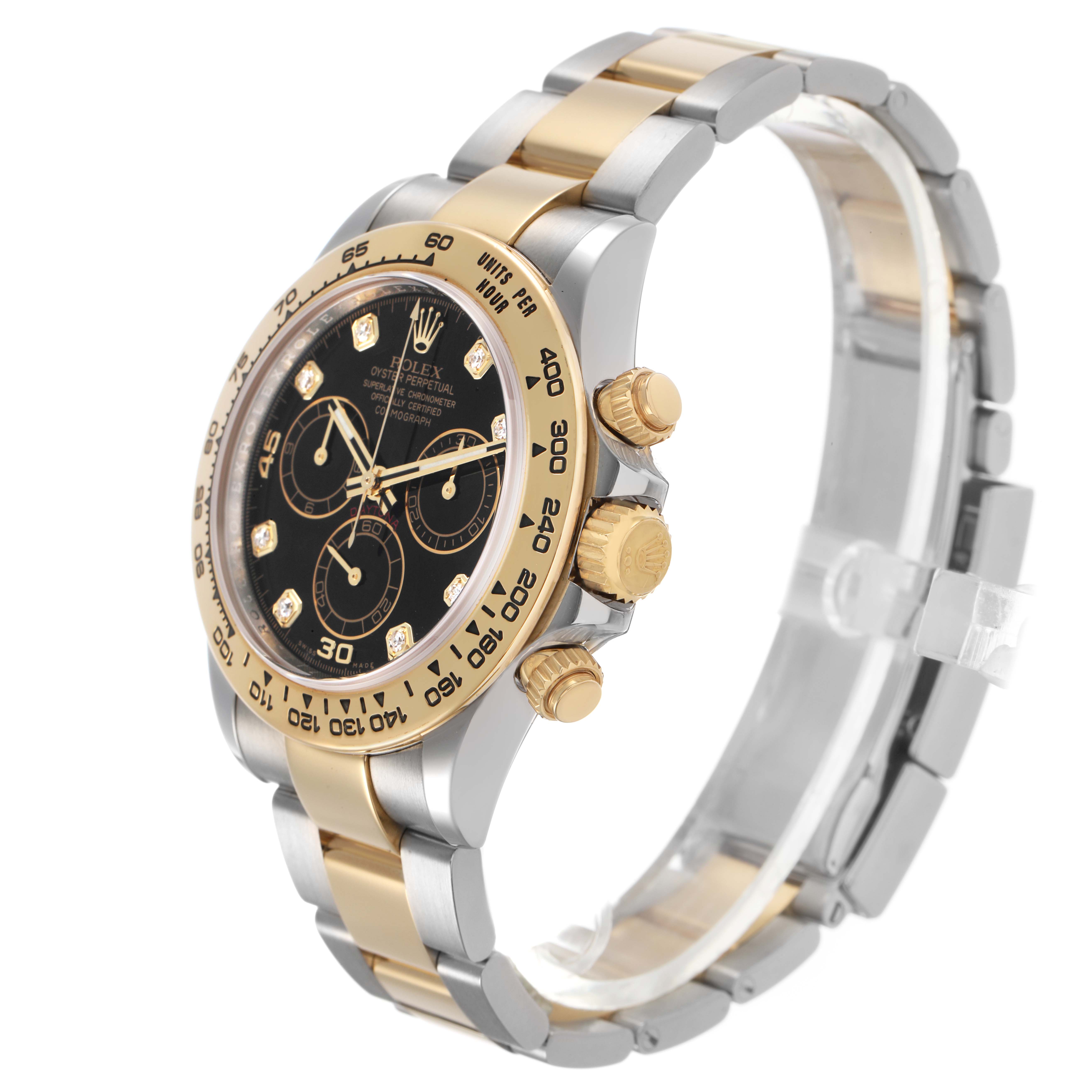 The Rolex Daytona 116503 Men's Steel and Gold (two tone) Black Dial watch is shown at a three-quarter angle, displaying the face, bezel, crown, pushers, and bracelet.