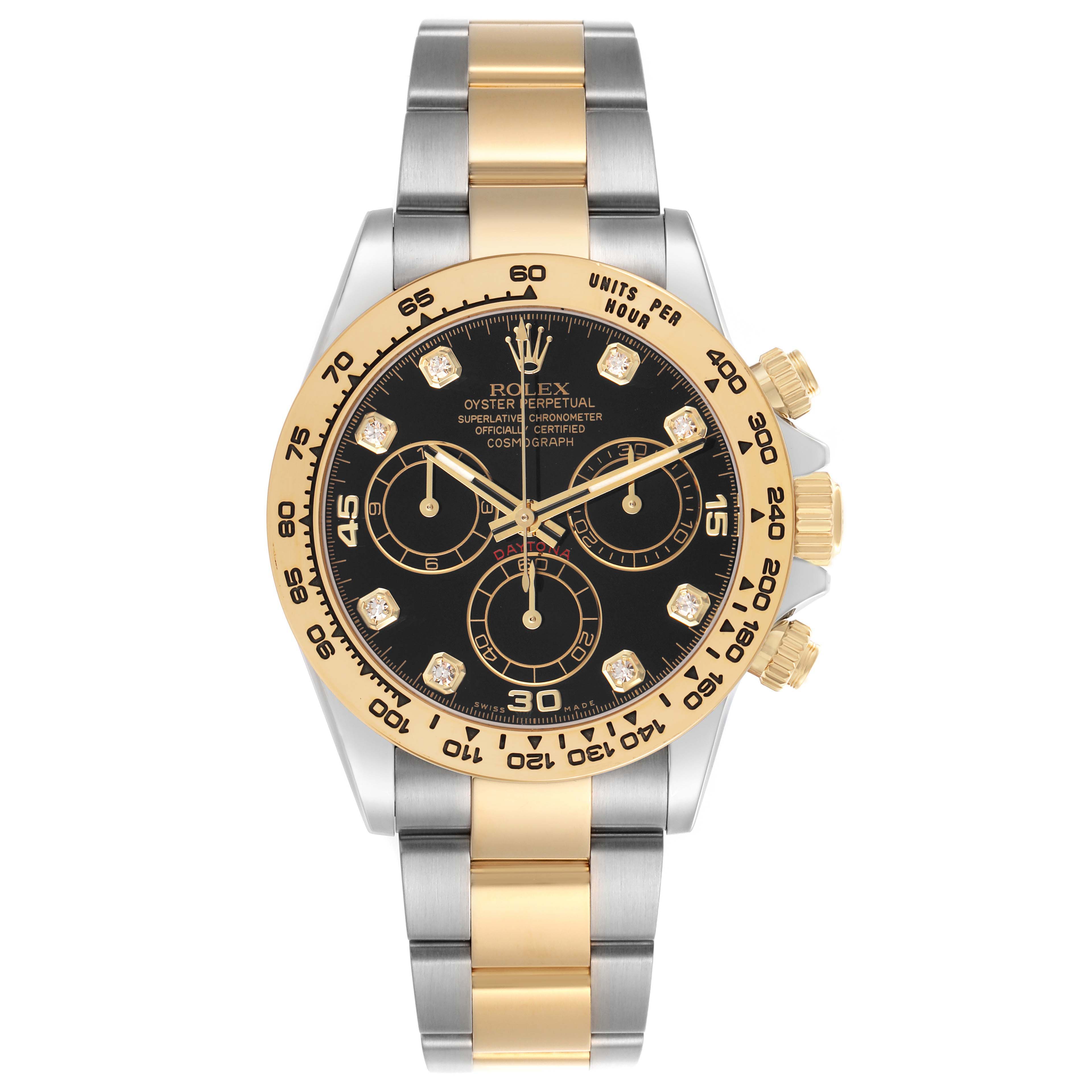 The Rolex Daytona 116503 Men's Steel and Gold (two tone) Black Dial watch is shown from the front, highlighting its bezel, dial, and two-tone bracelet.
