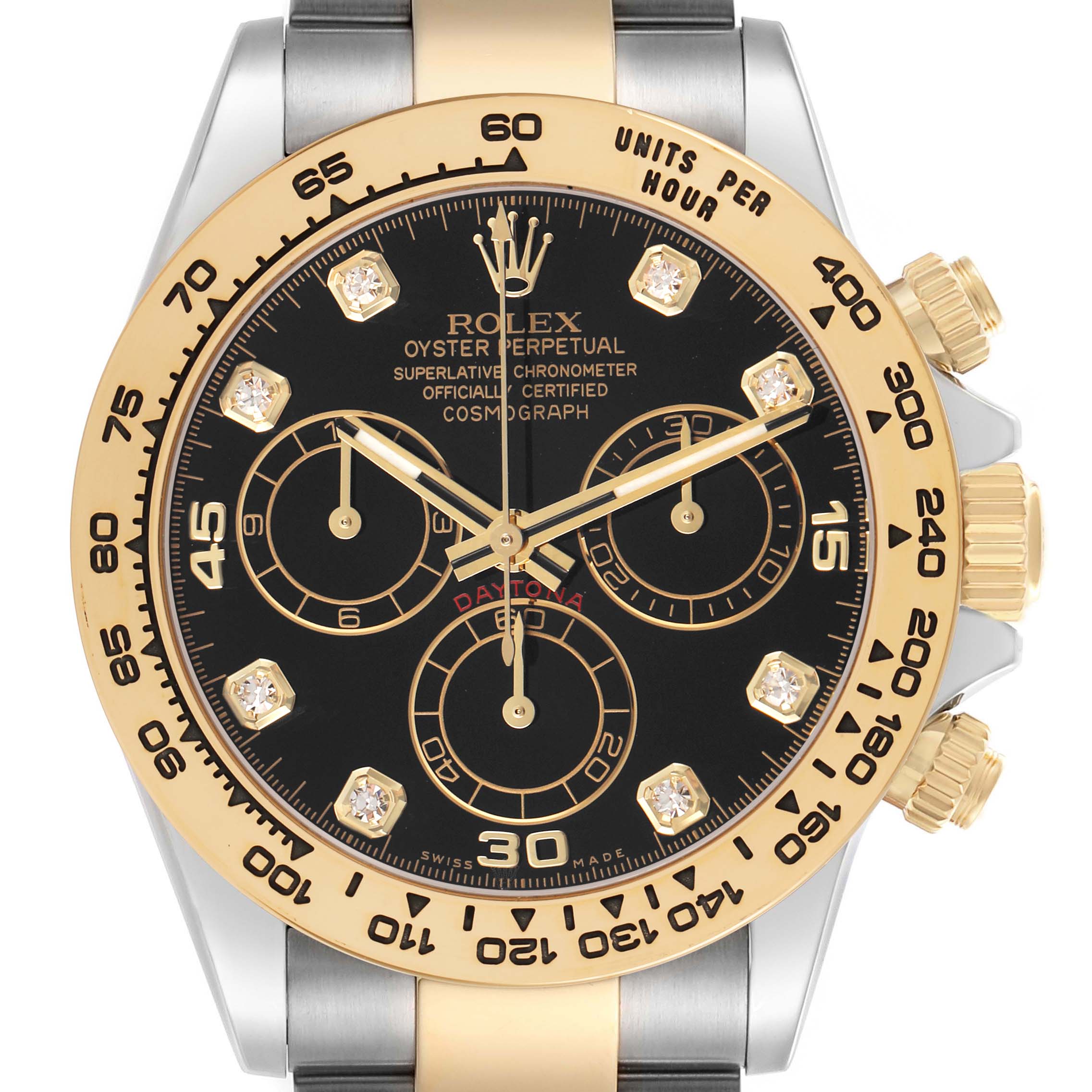 The Rolex Daytona 116503 Men's Steel and Gold (two tone) Black Dial watch is shown from the front, highlighting its dial, bezel, and gold and stainless steel details.