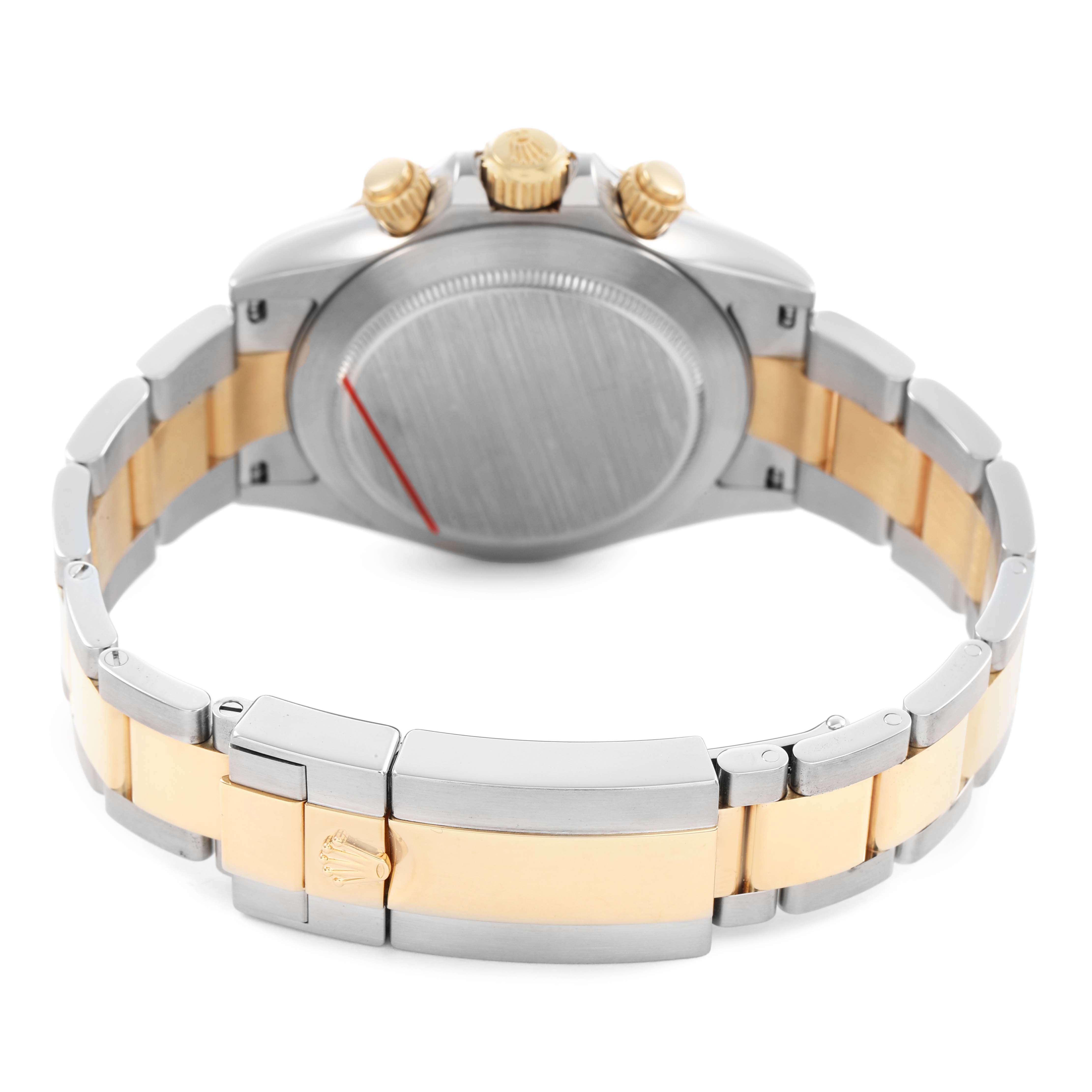 The image shows the back view of a Rolex Daytona 116503 Men's Steel and Gold (two tone) Black Dial, highlighting the bracelet, clasp, and case back.
