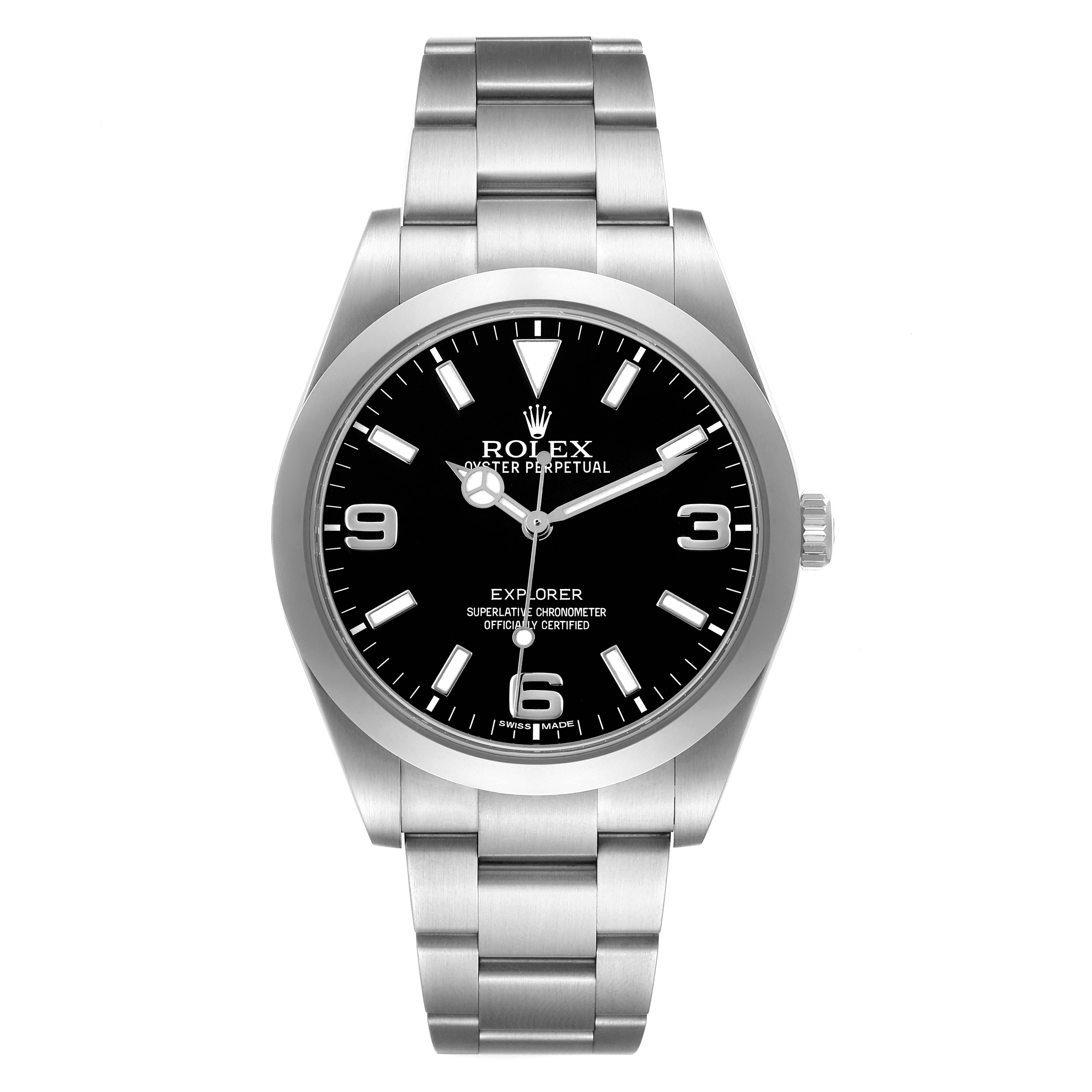 The Rolex Explorer 214270 Men's Stainless Steel Black Dial watch is shown from a front angle, displaying the face, bezel, and part of the bracelet.