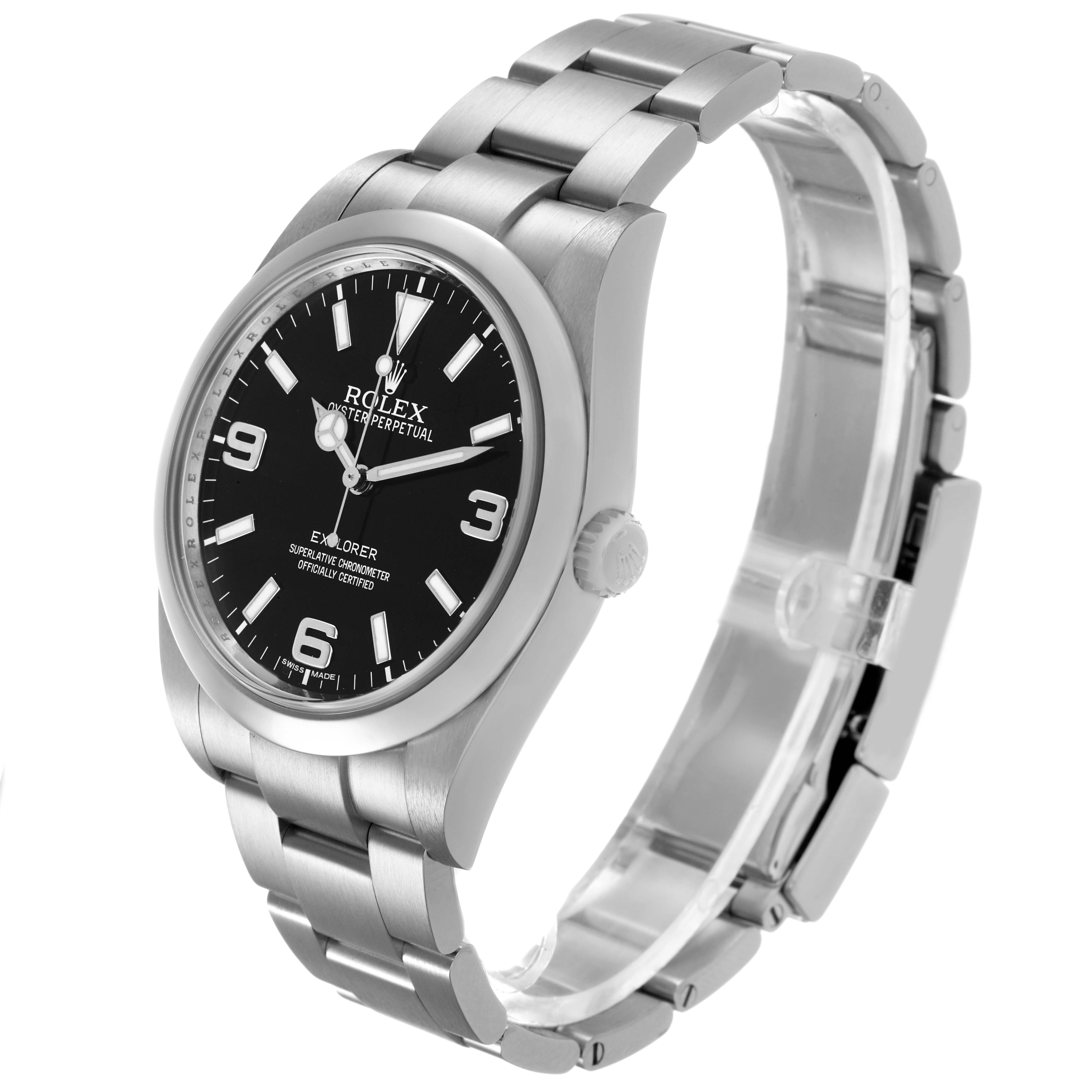 The Rolex Explorer 214270 Men's Stainless Steel Black Dial watch is shown at a three-quarter angle, displaying the face, bezel, crown, and part of the bracelet.