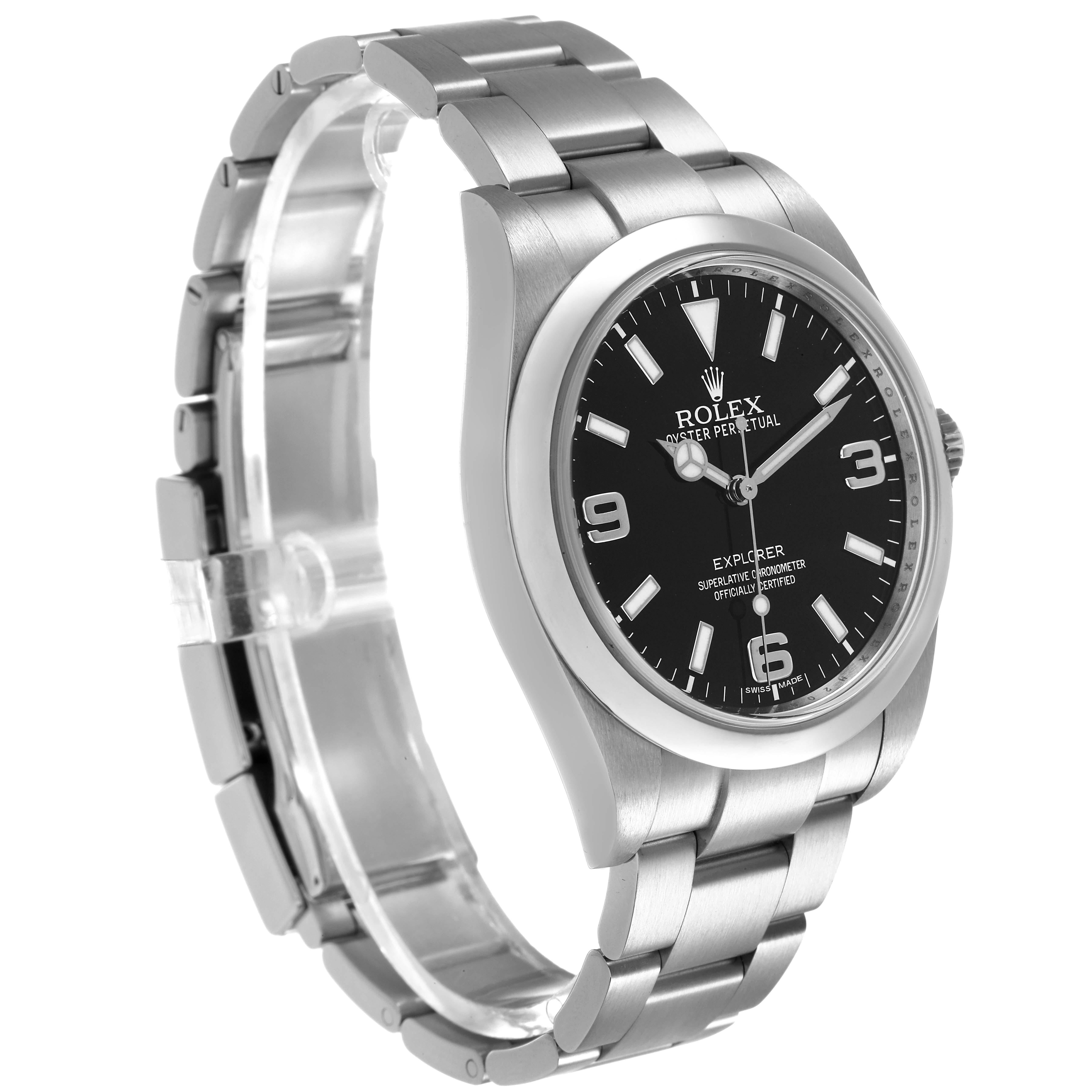 The Rolex Explorer 214270 Men's Stainless Steel Black Dial watch is shown at a slight angle, displaying the face, bezel, crown, and bracelet.