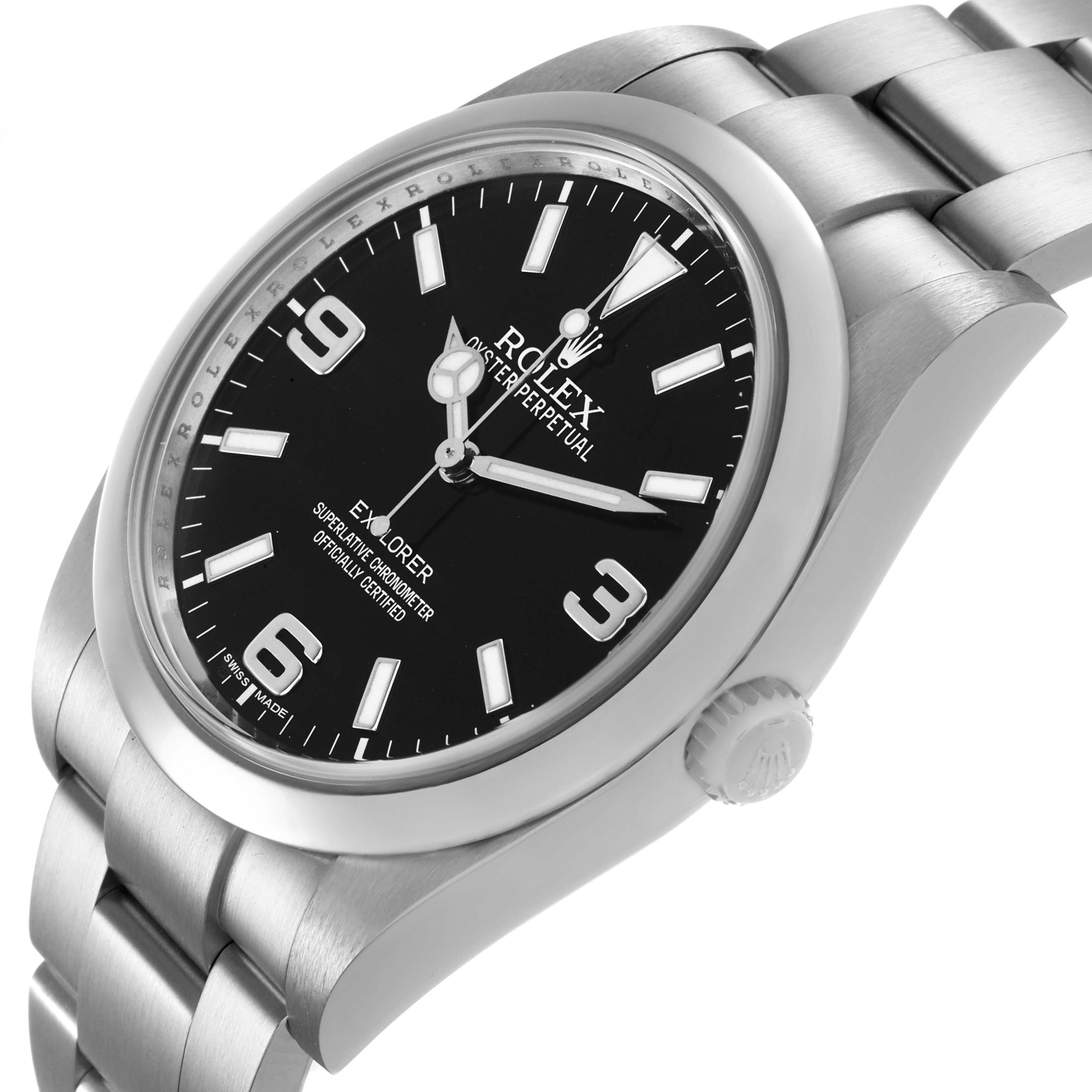 The Rolex Explorer 214270 Men's Stainless Steel Black Dial watch is shown at a three-quarter angle, highlighting the dial, bezel, crown, and part of the bracelet.