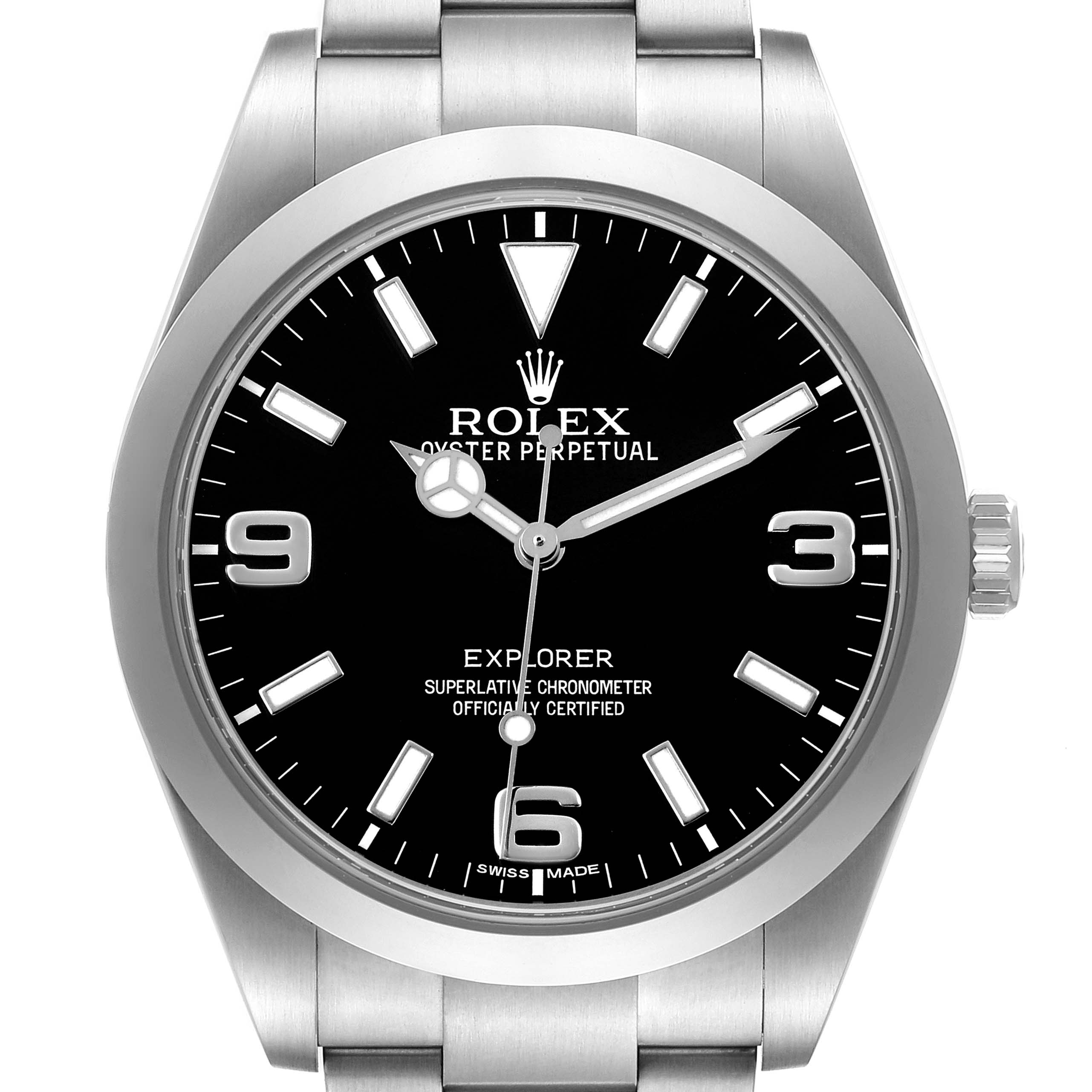 The Rolex Explorer 214270 Men's Stainless Steel Black Dial watch is shown from a front angle, displaying the dial, bezel, crown, and part of the bracelet.