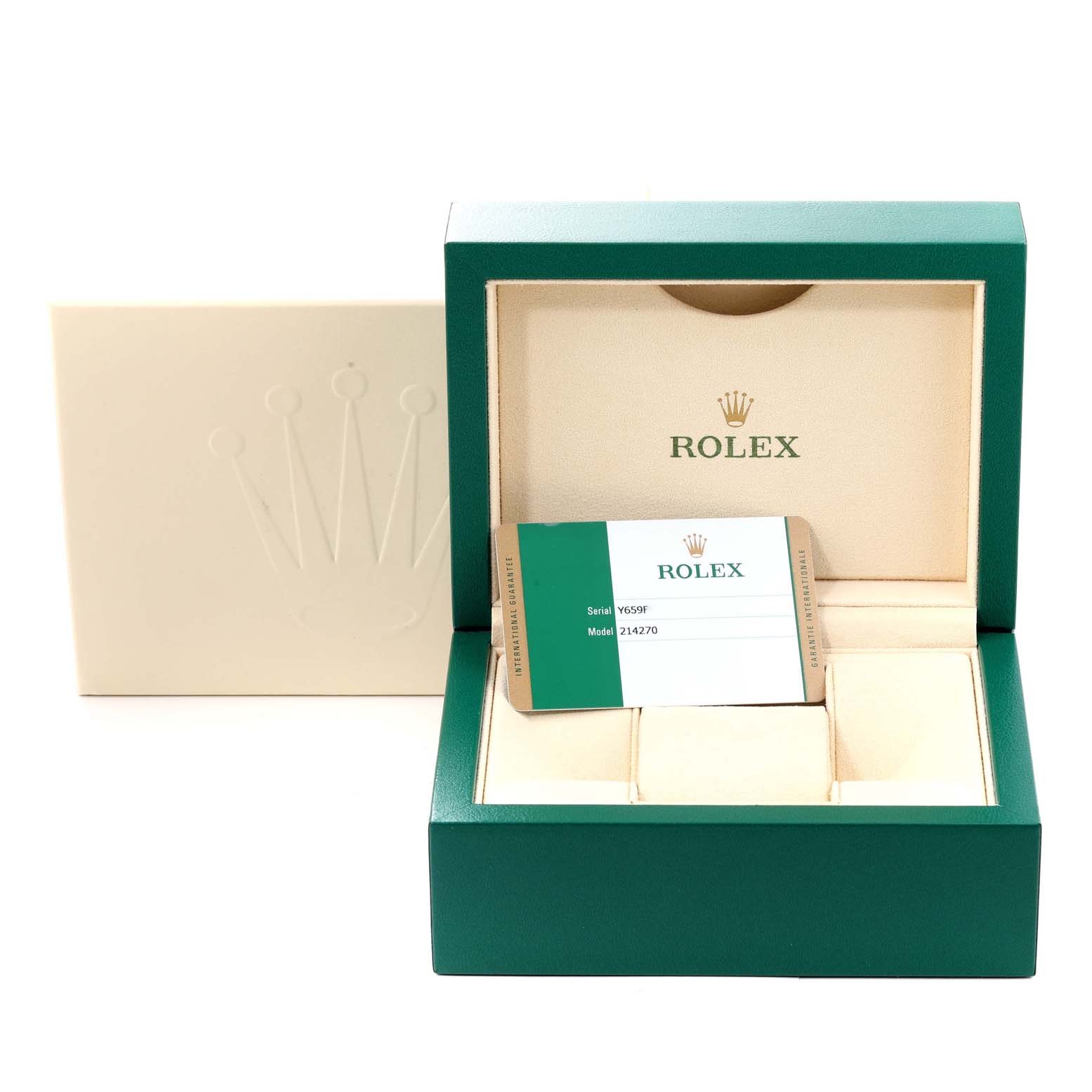 The image shows the packaging and Best Quality
ity card for the Rolex Explorer 214270 Men
s Stainless Steel Black Dial 214270 Men
s Stainless Steel Black Dial model 214270.