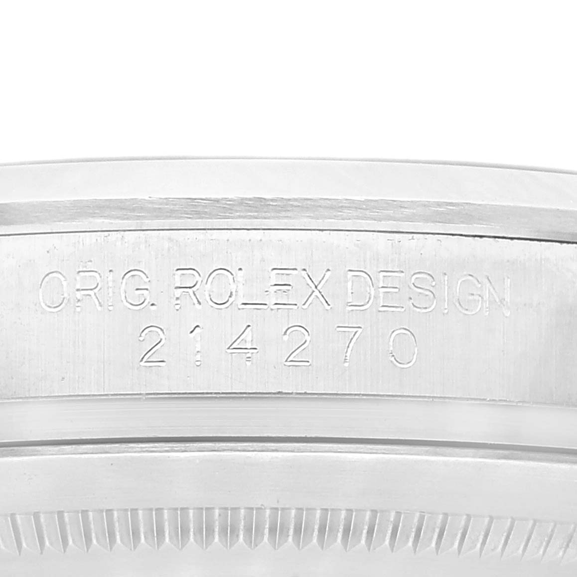 This image shows a close-up of the case back with engravings on a Rolex Explorer 214270 Men
s Stainless Steel Black Dial 214270 Men
s Stainless Steel Black Dial model.