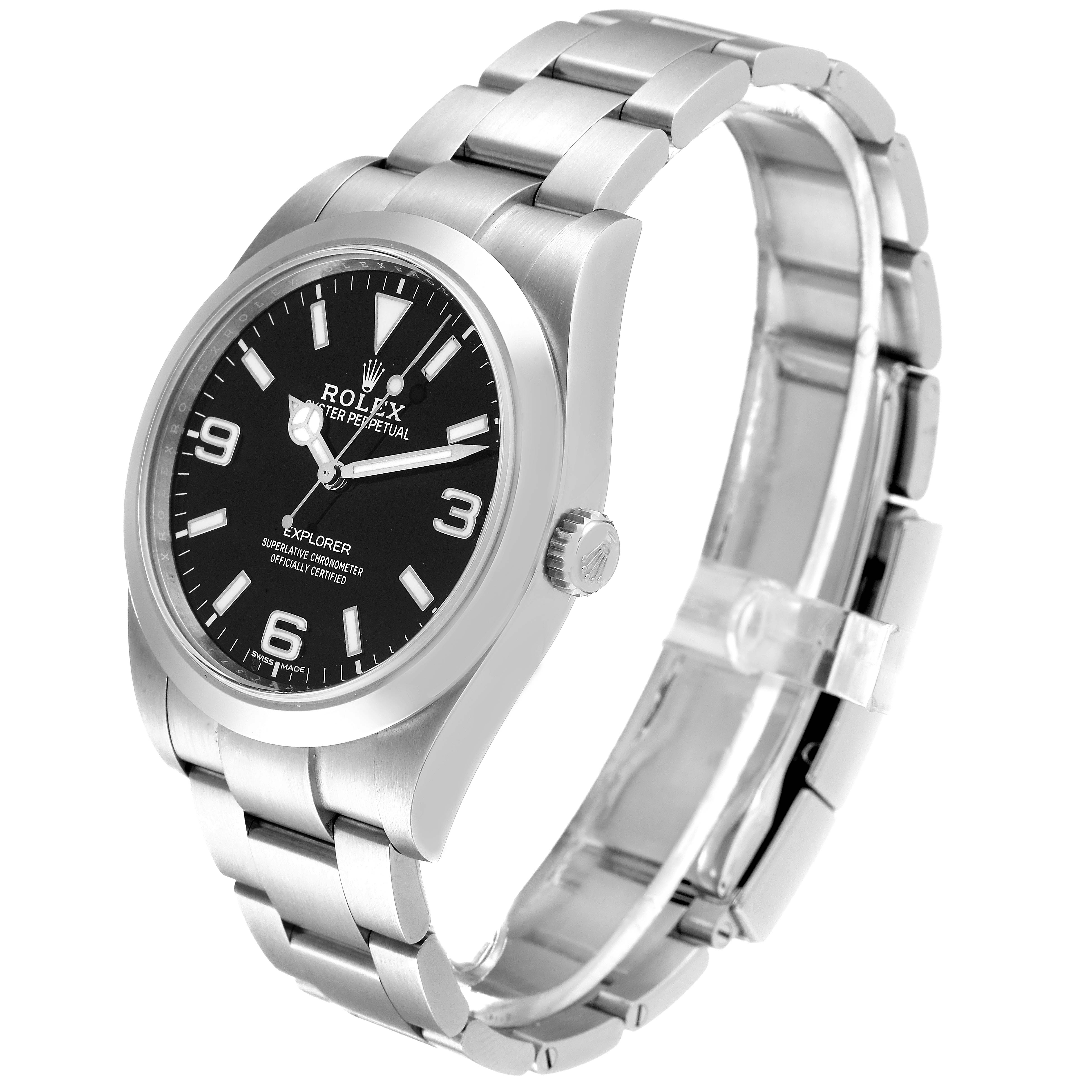 The Rolex Explorer 214270 Men
s Stainless Steel Black Dial 214270 Men
s Stainless Steel Black Dial model watch is shown at an angled top-front view featuring its black dial and stainless steel bracelet.