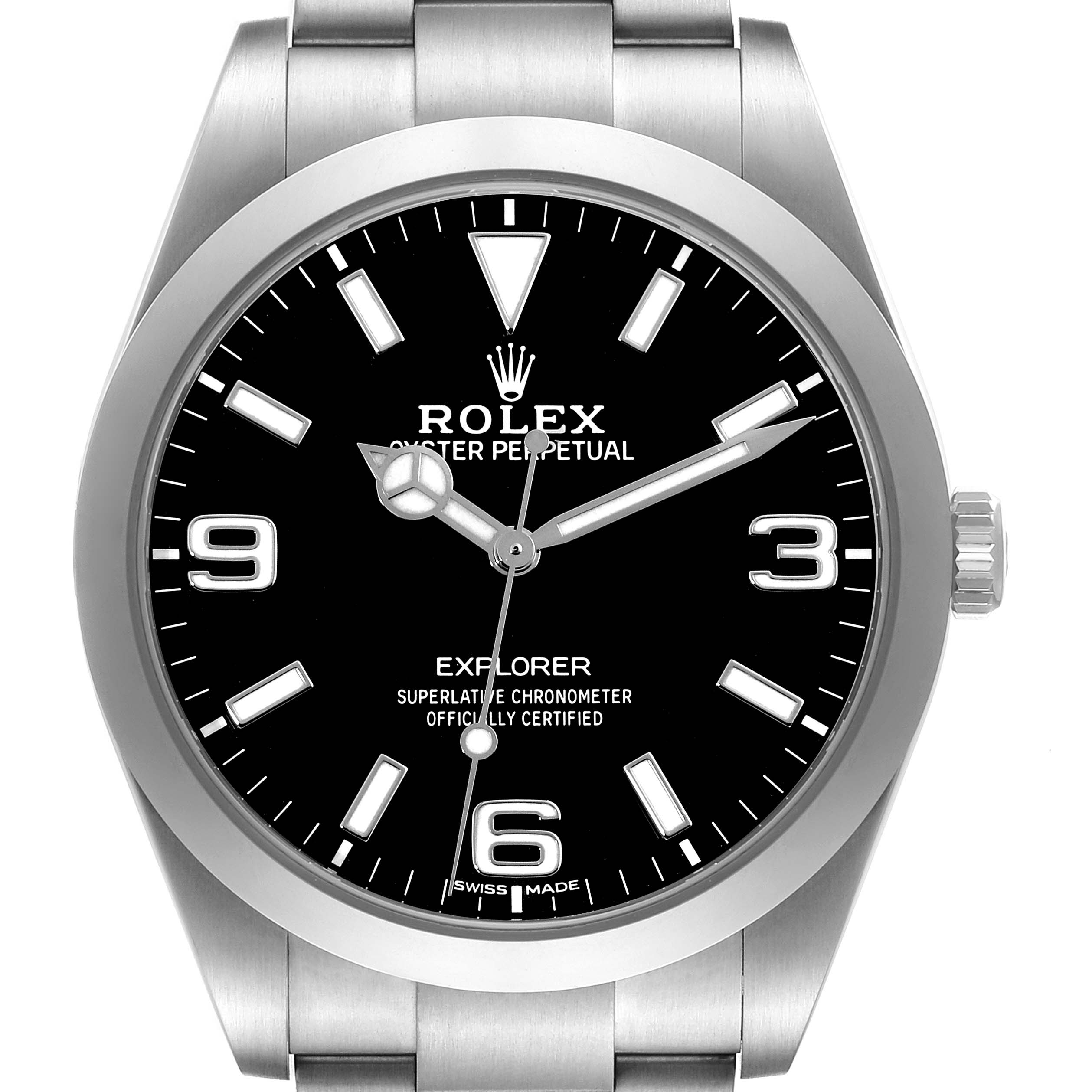 The image shows a front view of the Rolex Explorer 214270 Men
s Stainless Steel Black Dial 214270 Men
s Stainless Steel Black Dial watch, highlighting its black dial, numerals, hands, and stainless steel bracelet.
