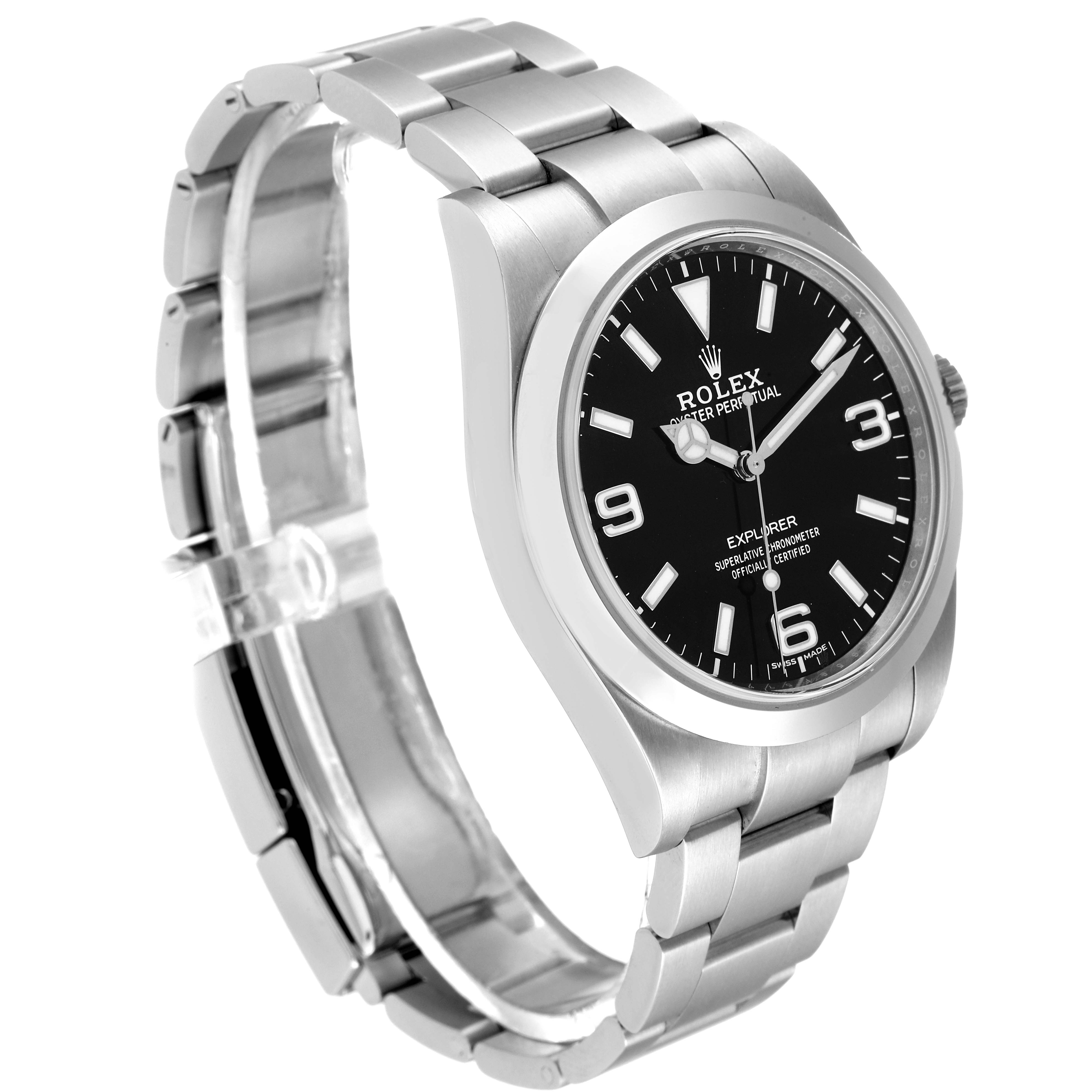 This Rolex Explorer 214270 Men
s Stainless Steel Black Dial 214270 Men
s Stainless Steel Black Dial watch is shown at a three-quarter angle, highlighting the black dial, stainless steel bezel, and bracelet.