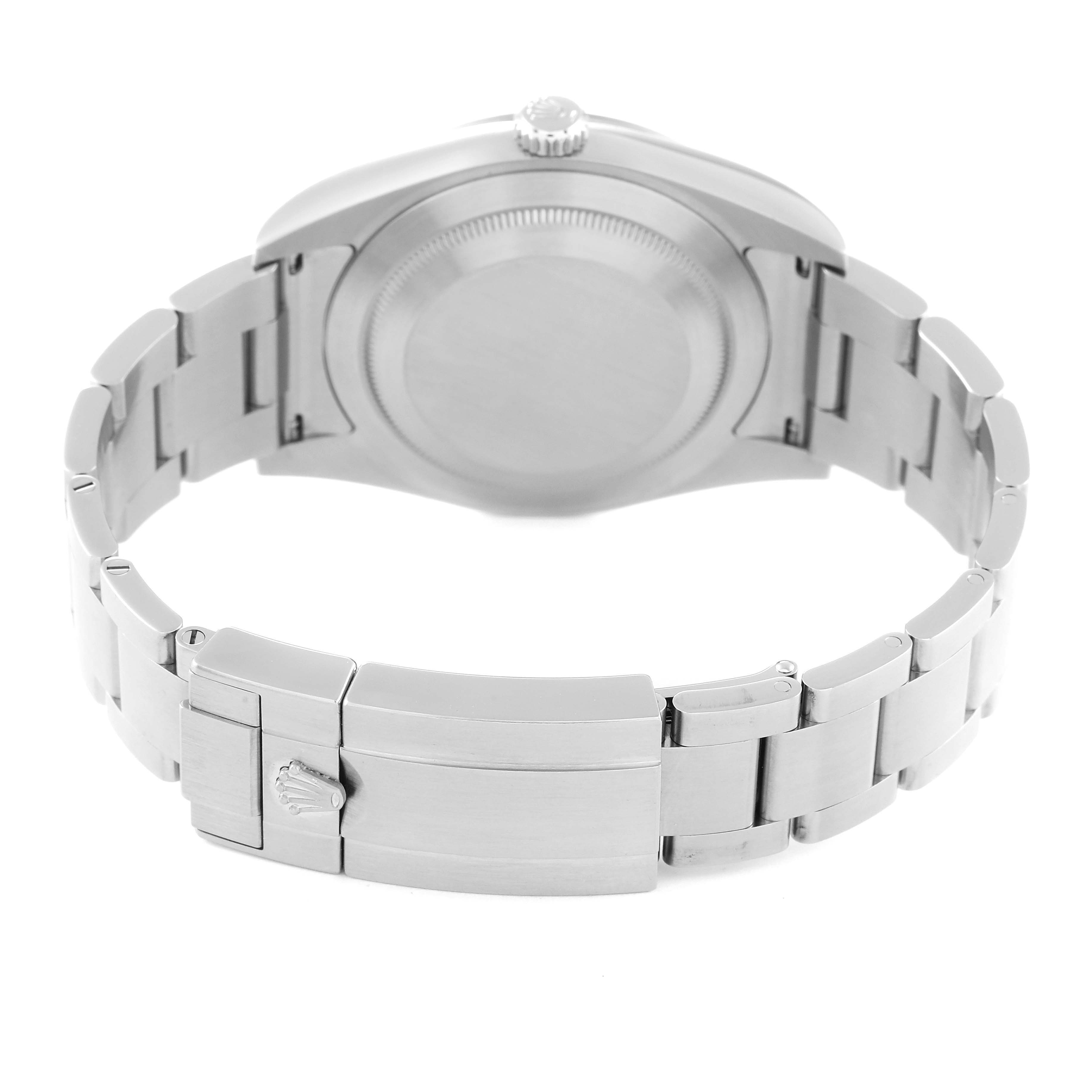 The image shows the back and clasp of a Rolex Explorer 214270 Men
s Stainless Steel Black Dial 214270 Men
s Stainless Steel Black Dial watch, highlighting the bracelet and the closed case back.