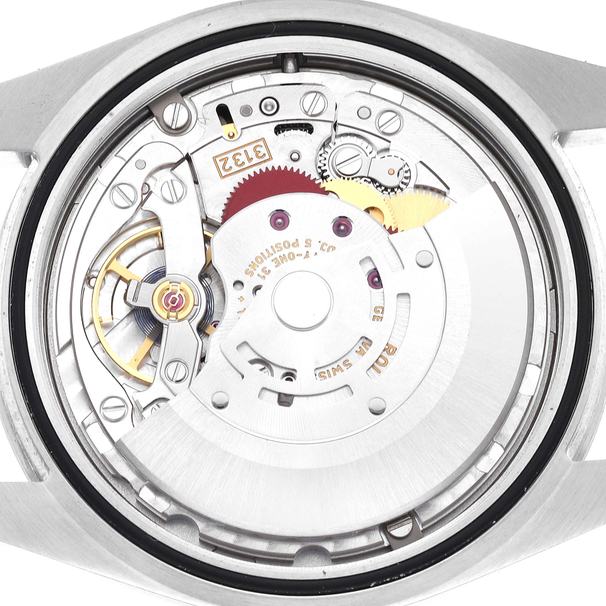 The image shows the internal movement mechanism of a Rolex Explorer 214270 Men
s Stainless Steel Black Dial 214270 Men
s Stainless Steel Black Dial watch, viewed from the back.