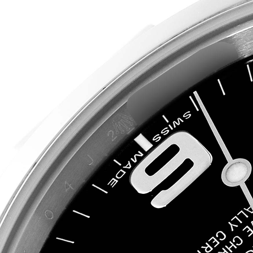The image shows a close-up angle of the dial and bezel area, highlighting the "6" numeral and "Swiss Made" text of the Rolex Explorer 214270 Men's Stainless Steel Black Dial 214270 Men's Stainless Steel Black Dial watch.
