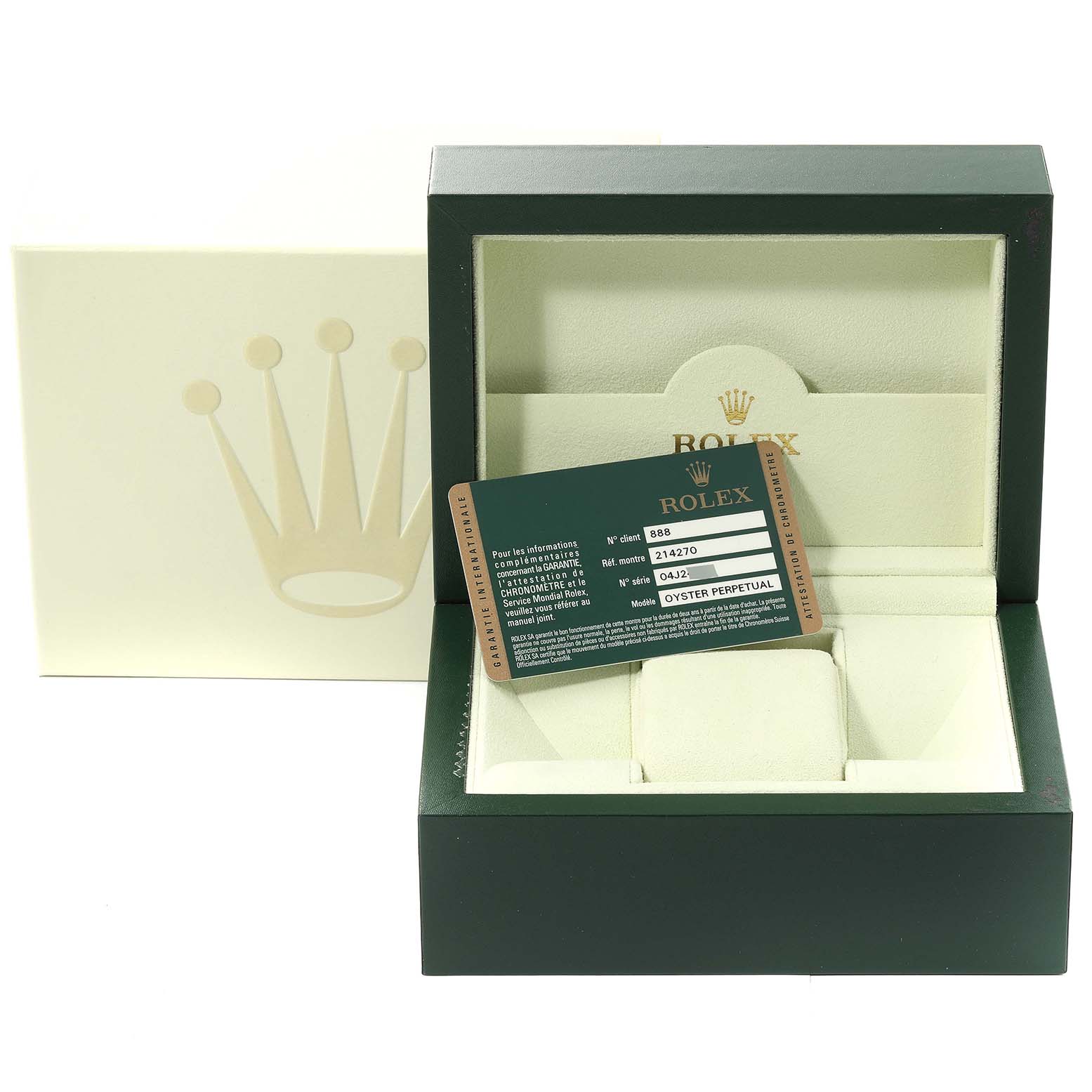 This image shows an open Rolex Explorer 214270 Men's Stainless Steel Black Dial 214270 Men's Stainless Steel Black Dial watch box at a frontal angle, with a Rolex guarantee card inside.