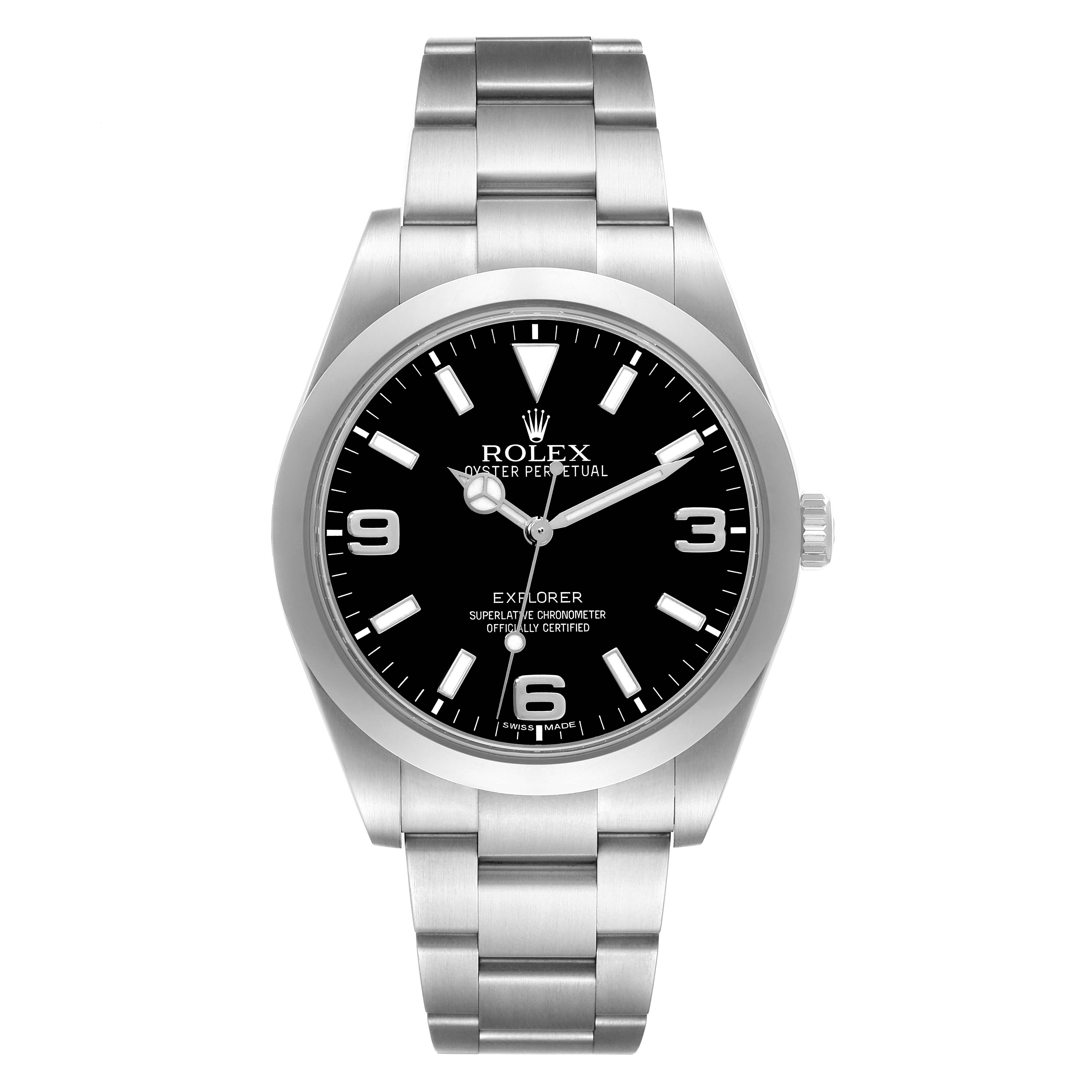 The Rolex Explorer 214270 Men's Stainless Steel Black Dial 214270 Men's Stainless Steel Black Dial watch is shown from a front angle, highlighting its dial, bezel, and bracelet.