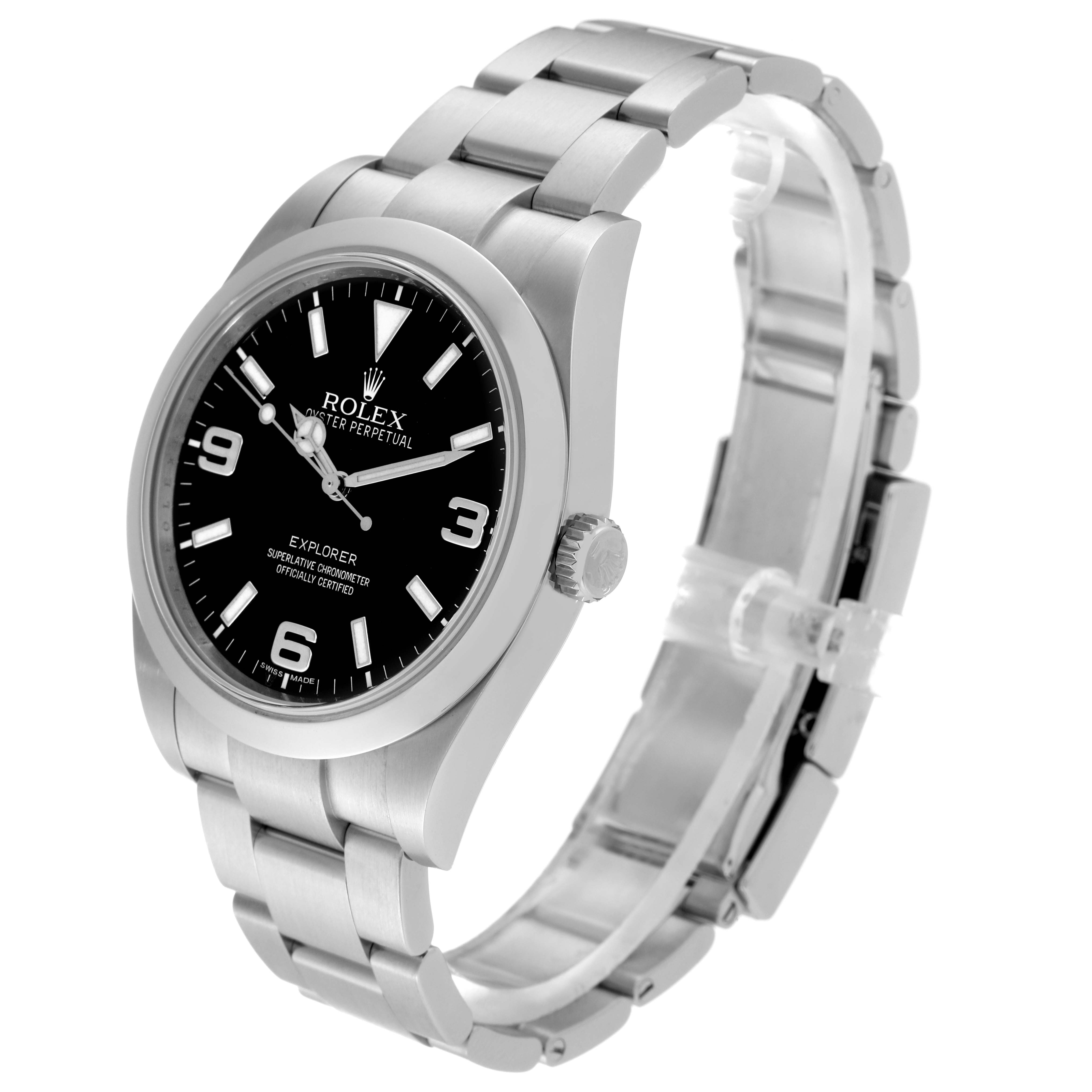 The Rolex Explorer 214270 Men's Stainless Steel Black Dial 214270 Men's Stainless Steel Black Dial watch is shown from a side angle, featuring the black dial, bezel, crown, and stainless steel bracelet.