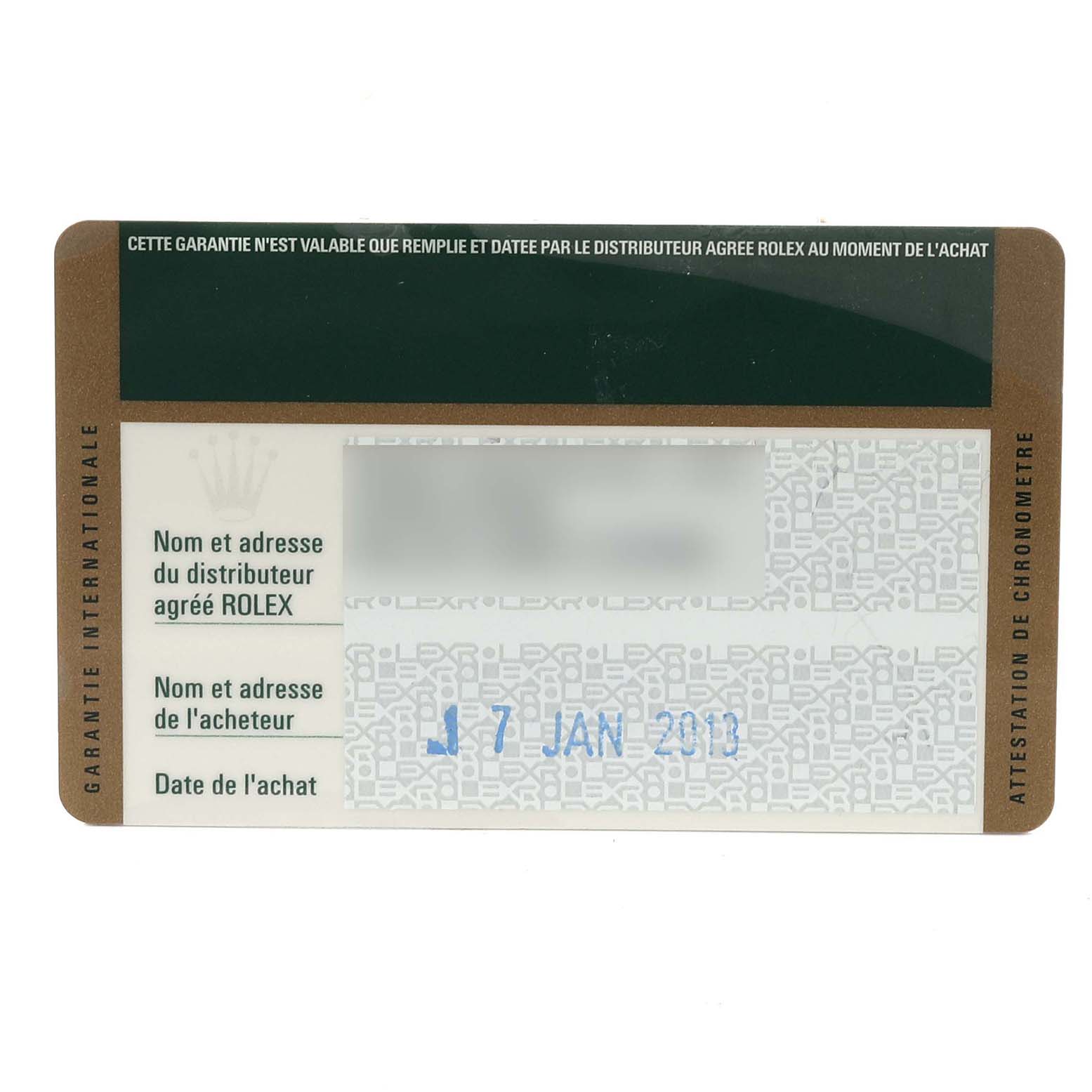 This image shows the warranty card for the Rolex Explorer 214270 Men's Stainless Steel Black Dial 214270 Men's Stainless Steel Black Dial model, dated January 7, 2013.
