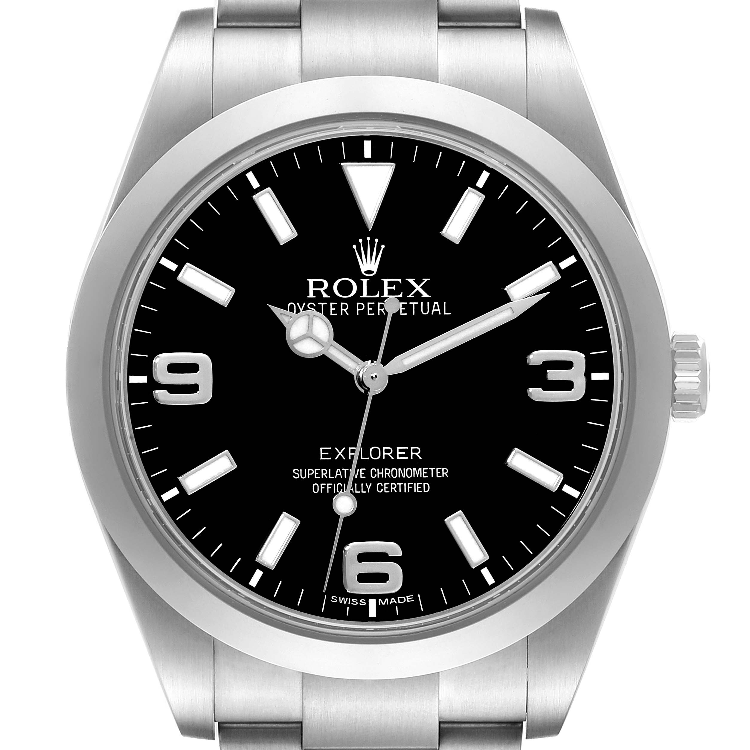 The image shows a front view of a Rolex Explorer 214270 Men's Stainless Steel Black Dial 214270 Men's Stainless Steel Black Dial model watch, displaying its black dial, hour markers, and hands.