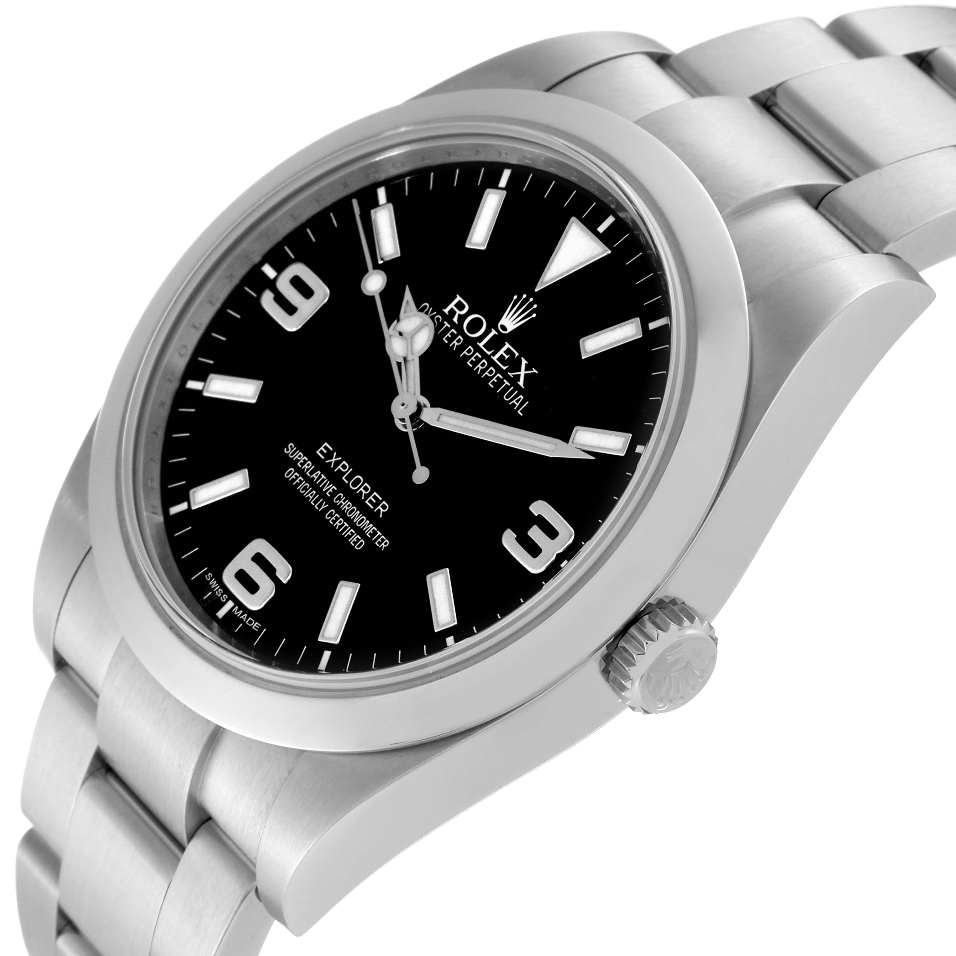 The Rolex Explorer 214270 Men's Stainless Steel Black Dial 214270 Men's Stainless Steel Black Dial watch is shown from an angled side view highlighting the face, bezel, crown, and part of the bracelet.
