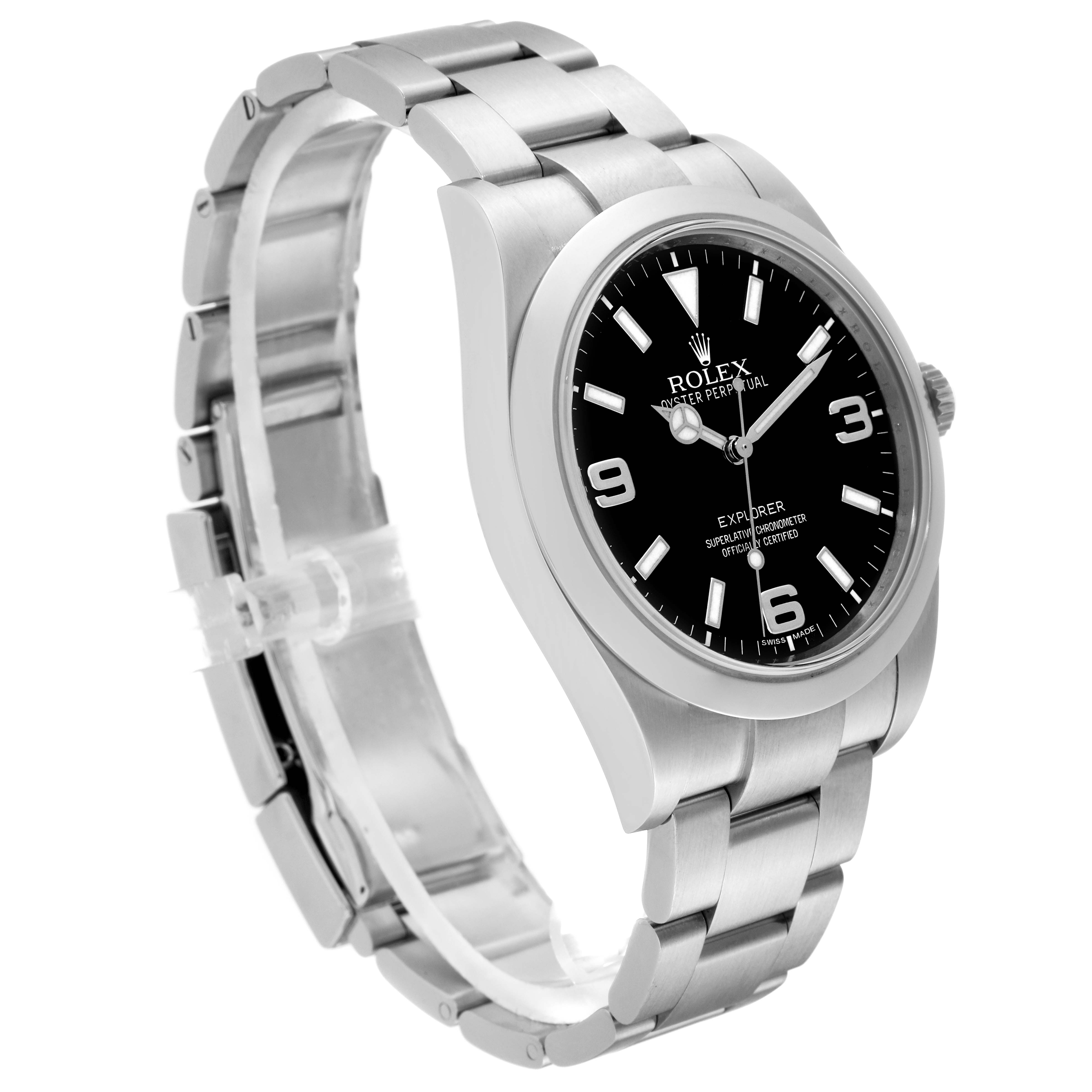 The image shows a side angle view of a Rolex Explorer 214270 Men's Stainless Steel Black Dial 214270 Men's Stainless Steel Black Dial watch, highlighting the dial, bezel, and bracelet.