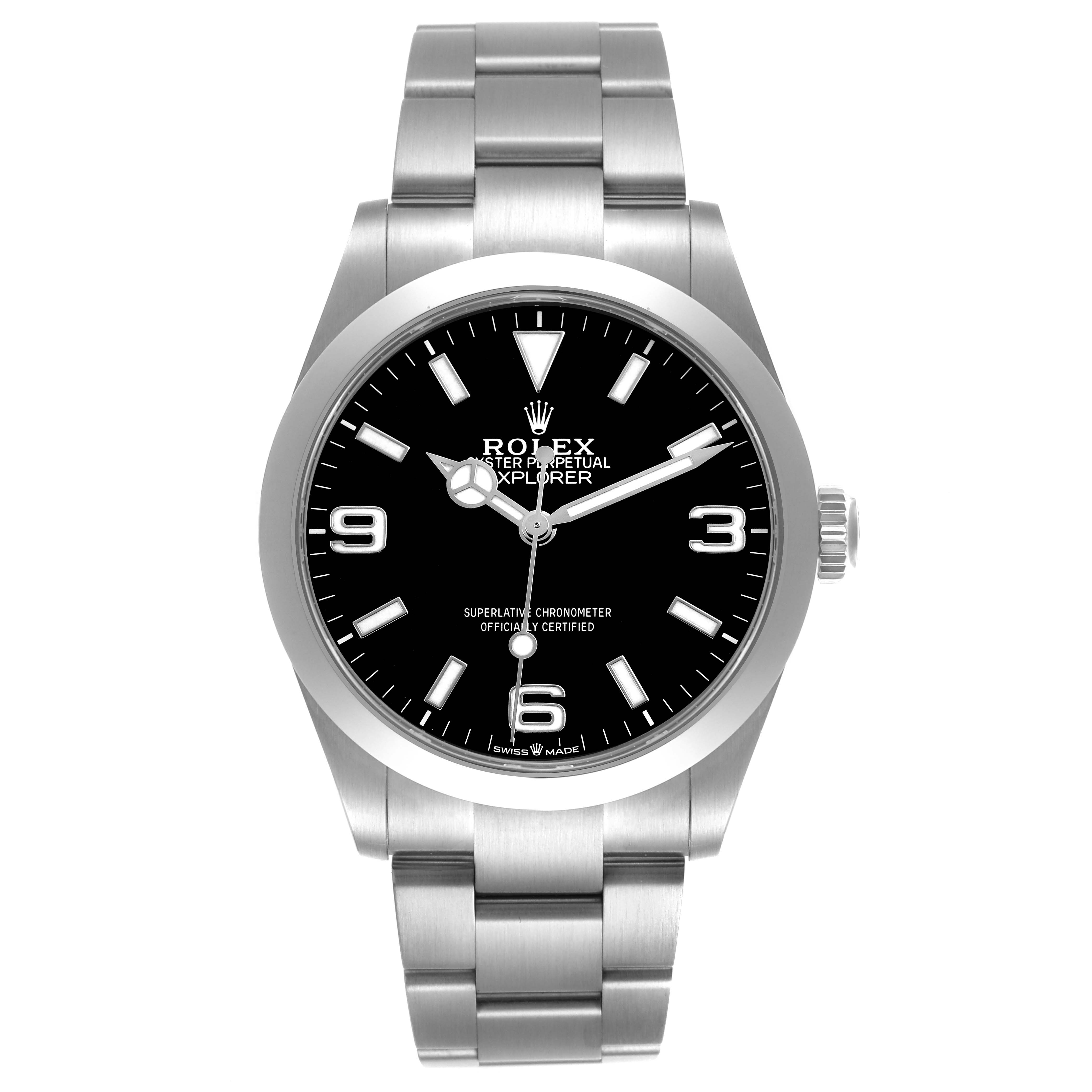 The Rolex Explorer 224270 Men's Stainless Steel Black Dial watch is shown from the front, highlighting the face, bezel, and bracelet.