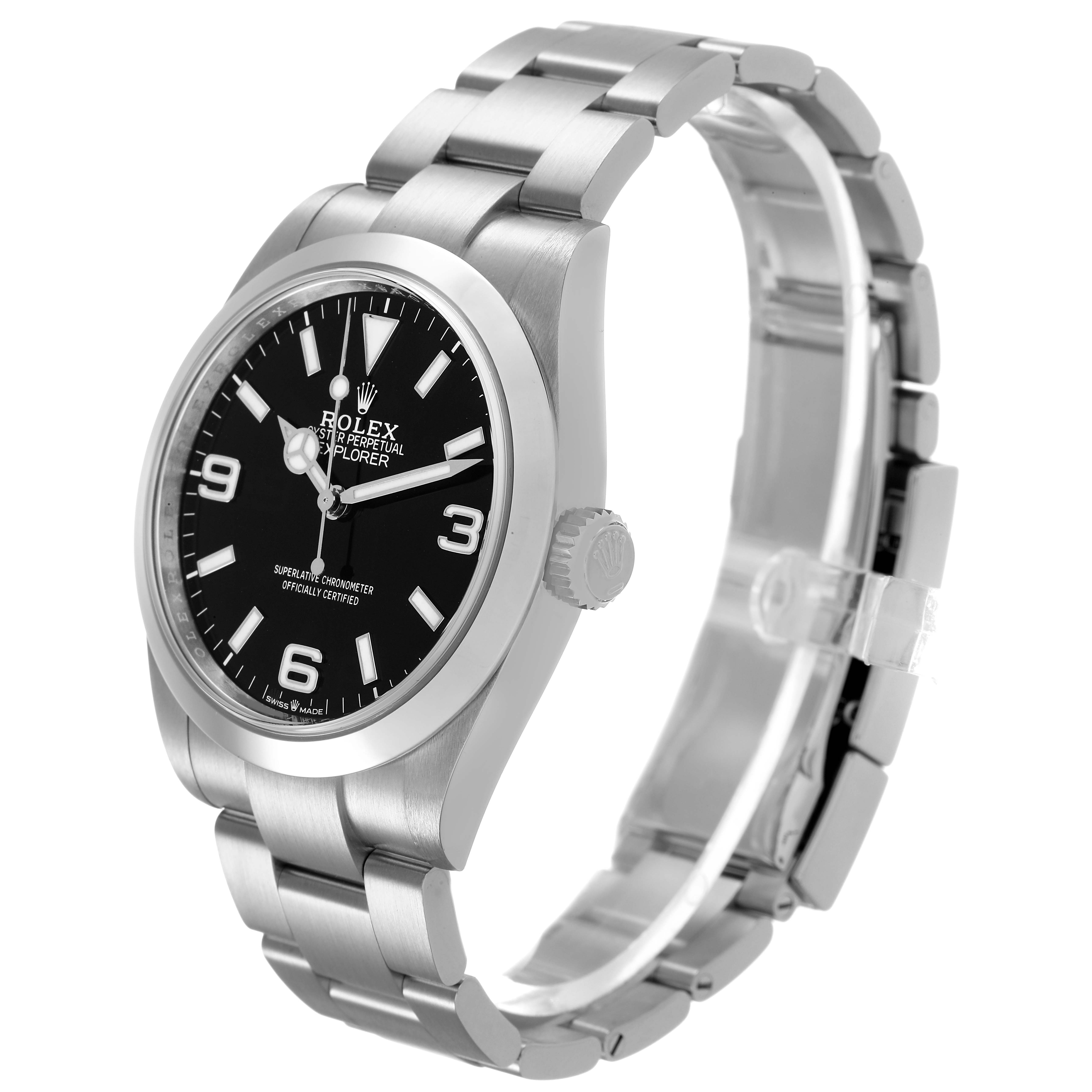 The Rolex Explorer 224270 Men's Stainless Steel Black Dial watch is shown at a three-quarter angle, displaying the face, bezel, crown, and bracelet.