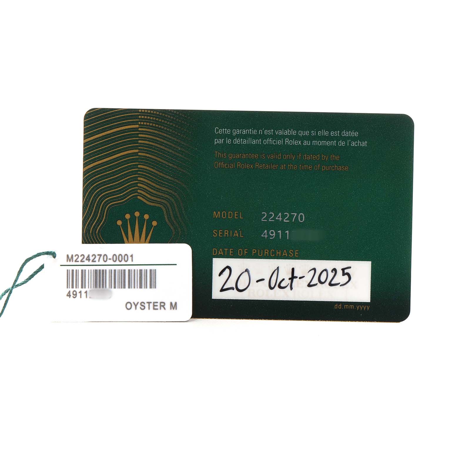 The image shows a warranty card for the Rolex Explorer 224270 Men's Stainless Steel Black Dial model, featuring model and serial numbers along with a purchase date.