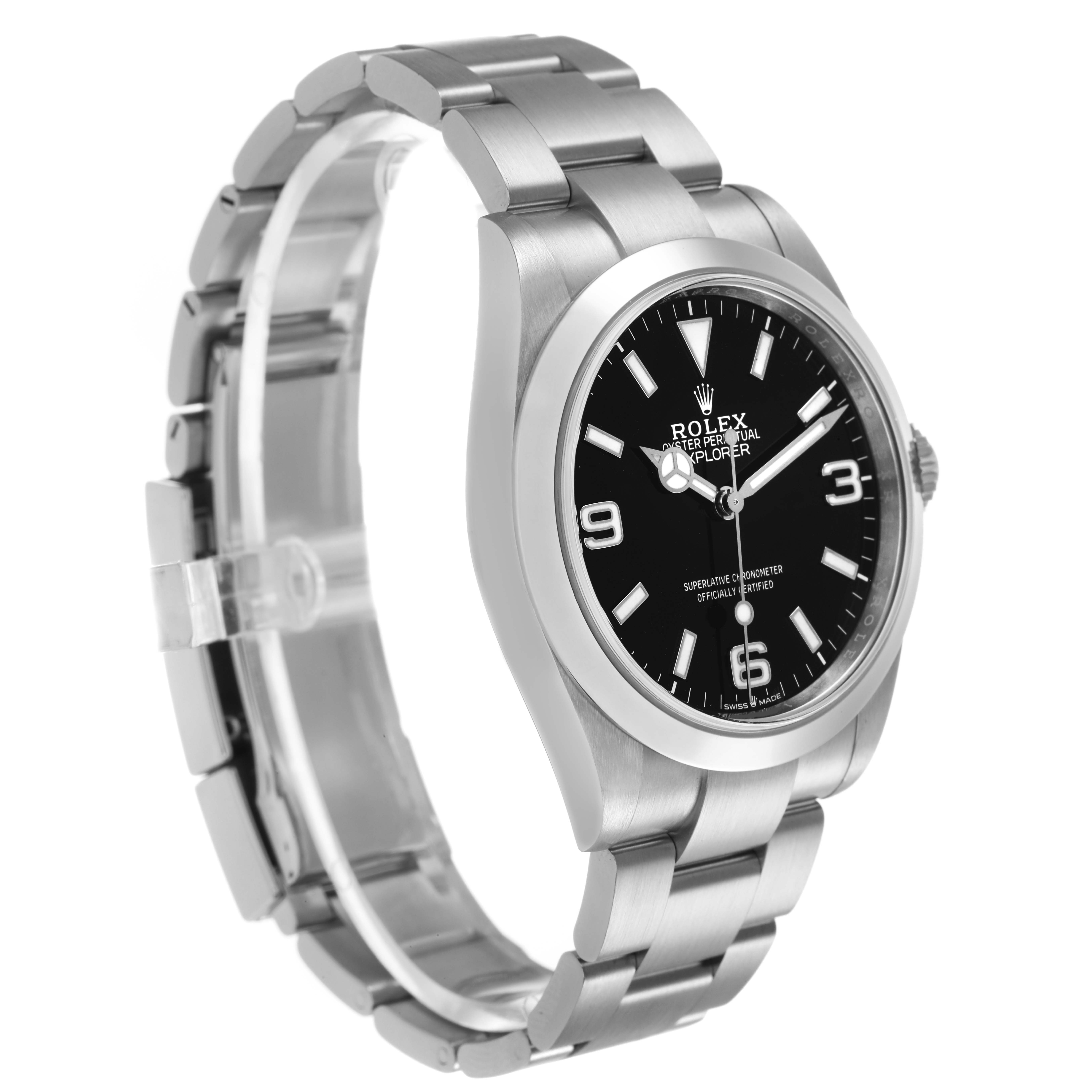The Rolex Explorer 224270 Men's Stainless Steel Black Dial watch is shown at a three-quarter angle, displaying the dial, case, and bracelet.