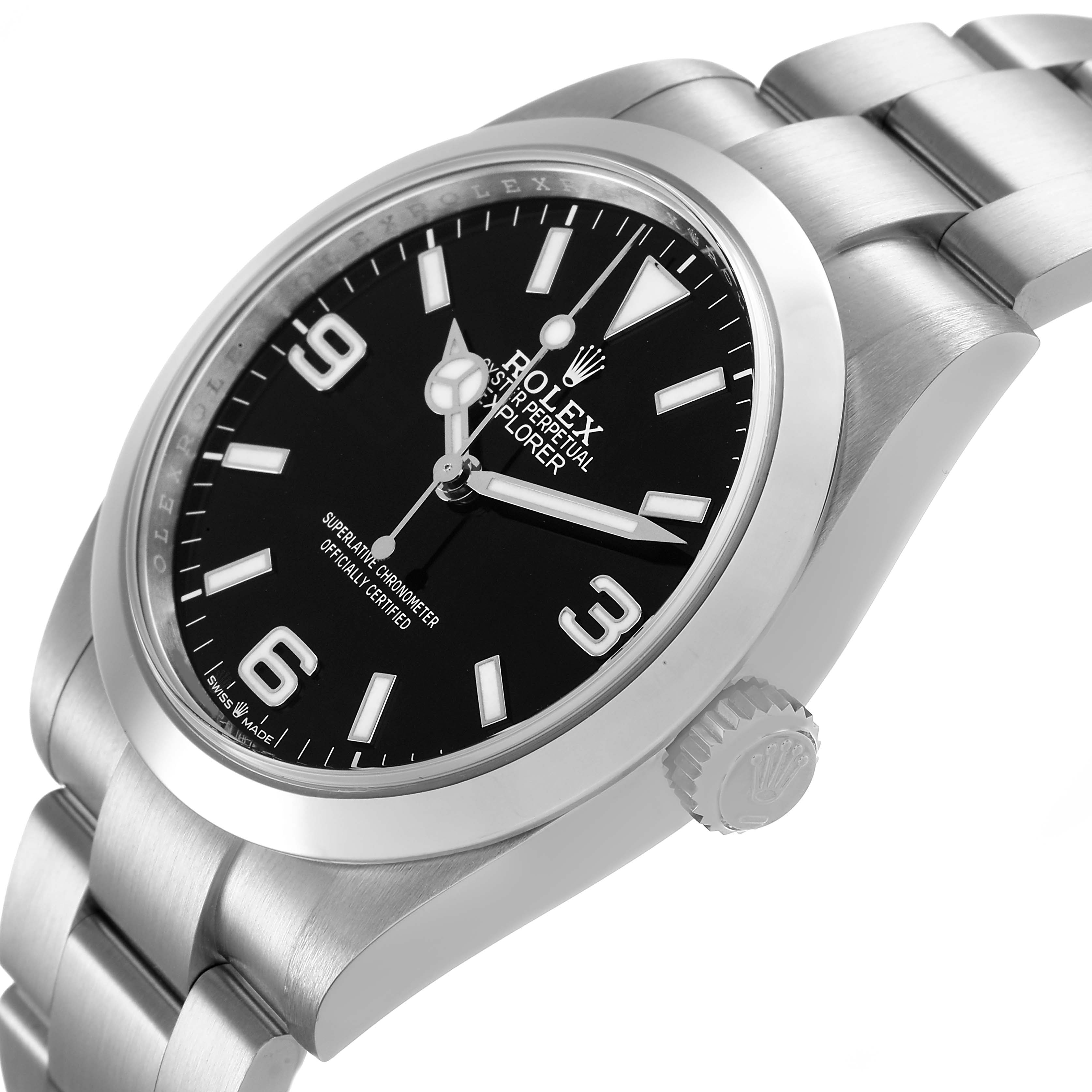 The Rolex Explorer 224270 Men's Stainless Steel Black Dial watch is shown at a slight side angle, highlighting the black dial, crown, and metal bracelet.