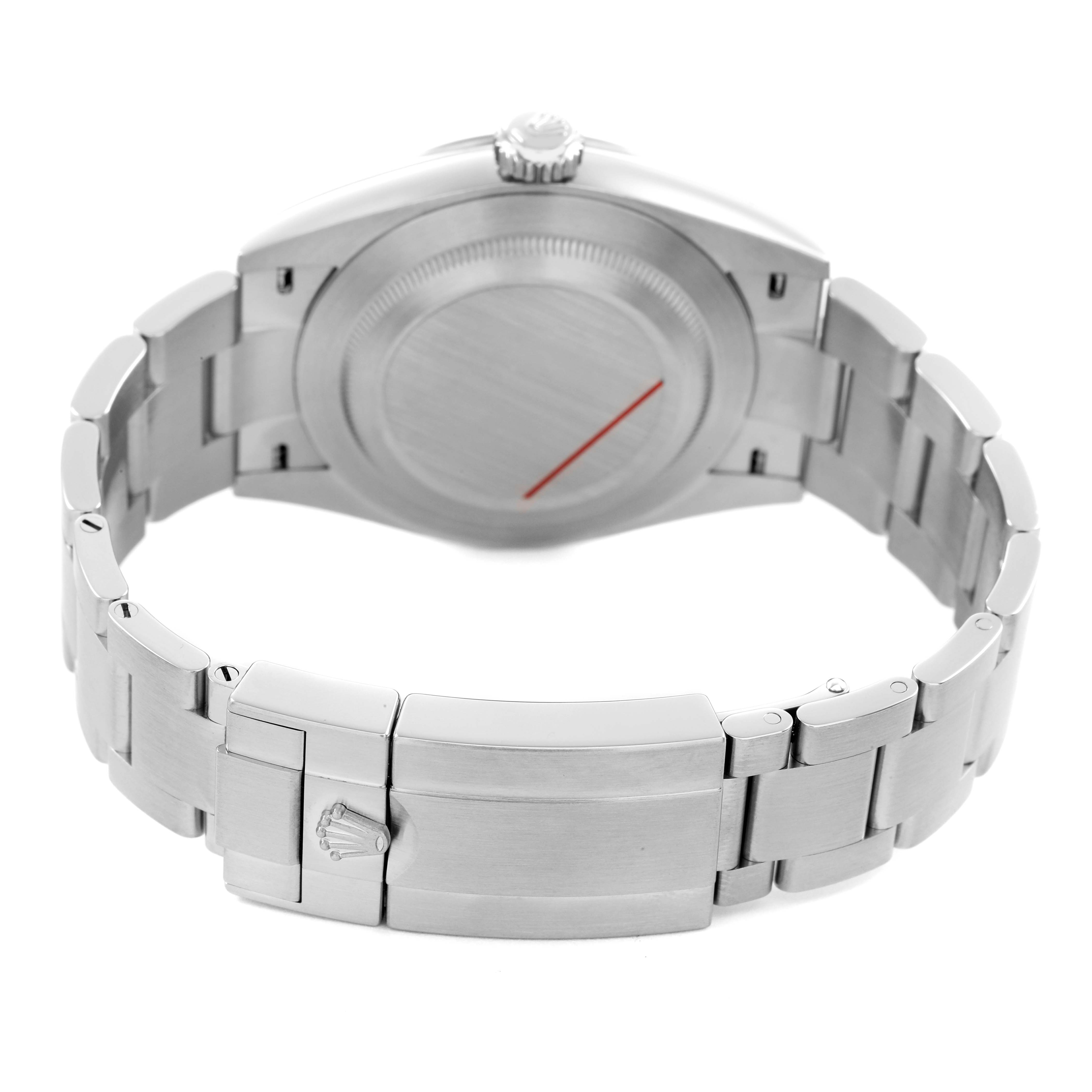 The image shows the back side and clasp of the Rolex Explorer 224270 Men's Stainless Steel Black Dial watch, highlighting its stainless steel bracelet and case back.