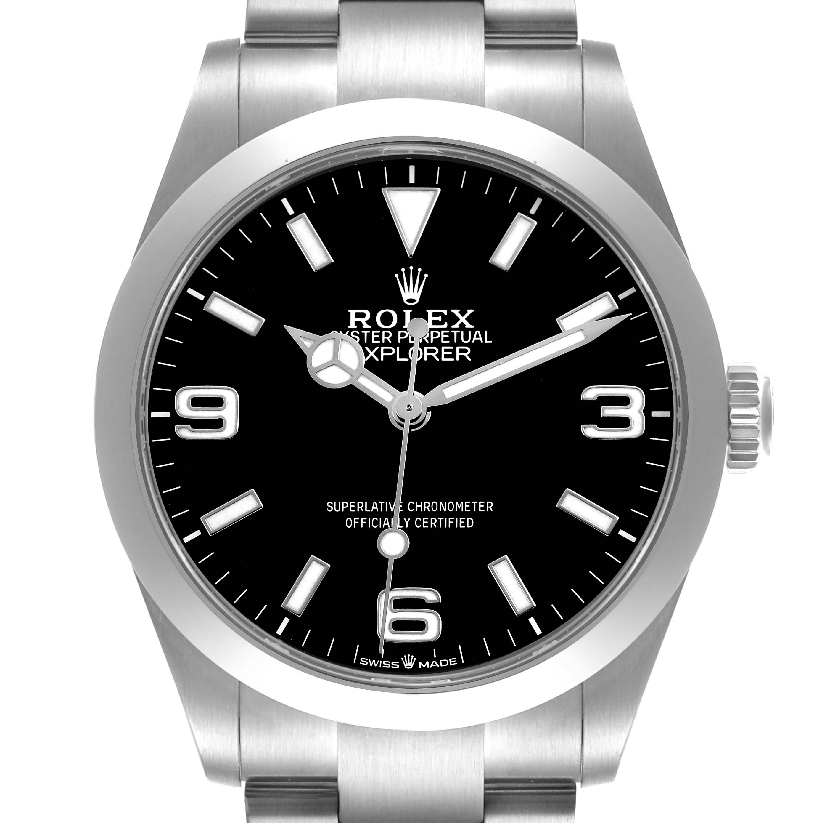 The image shows a front view of the Rolex Explorer 224270 Men's Stainless Steel Black Dial watch, highlighting its dial, hands, numerals, and bracelet.