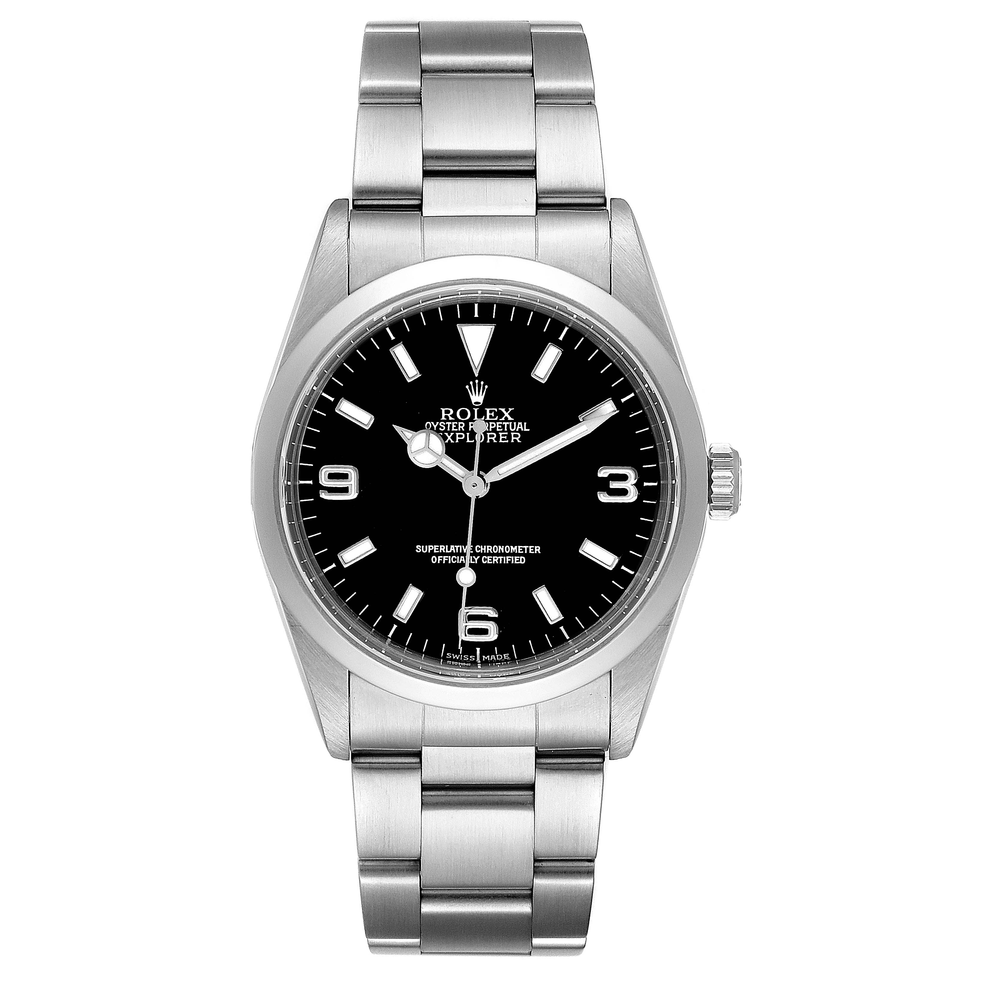 The image shows a front view of a Rolex Explorer 14270 Men's Stainless Steel Black Dial 14270 Men's Stainless Steel Black Dial model watch, displaying its face, bezel, and bracelet.
