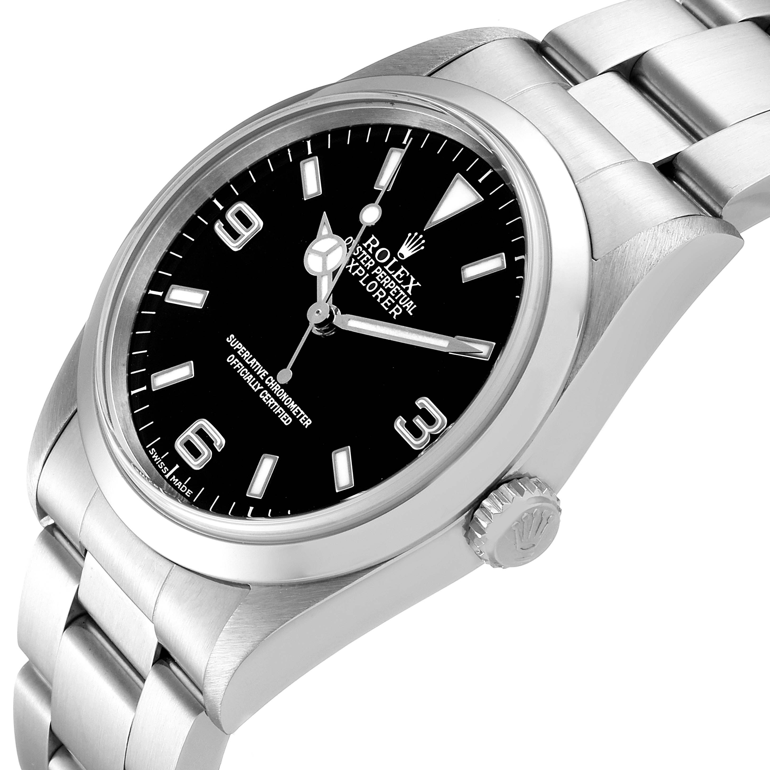 The Rolex Explorer 14270 Men's Stainless Steel Black Dial 14270 Men's Stainless Steel Black Dial watch is shown at an angle highlighting the dial, bezel, crown, and part of the bracelet.