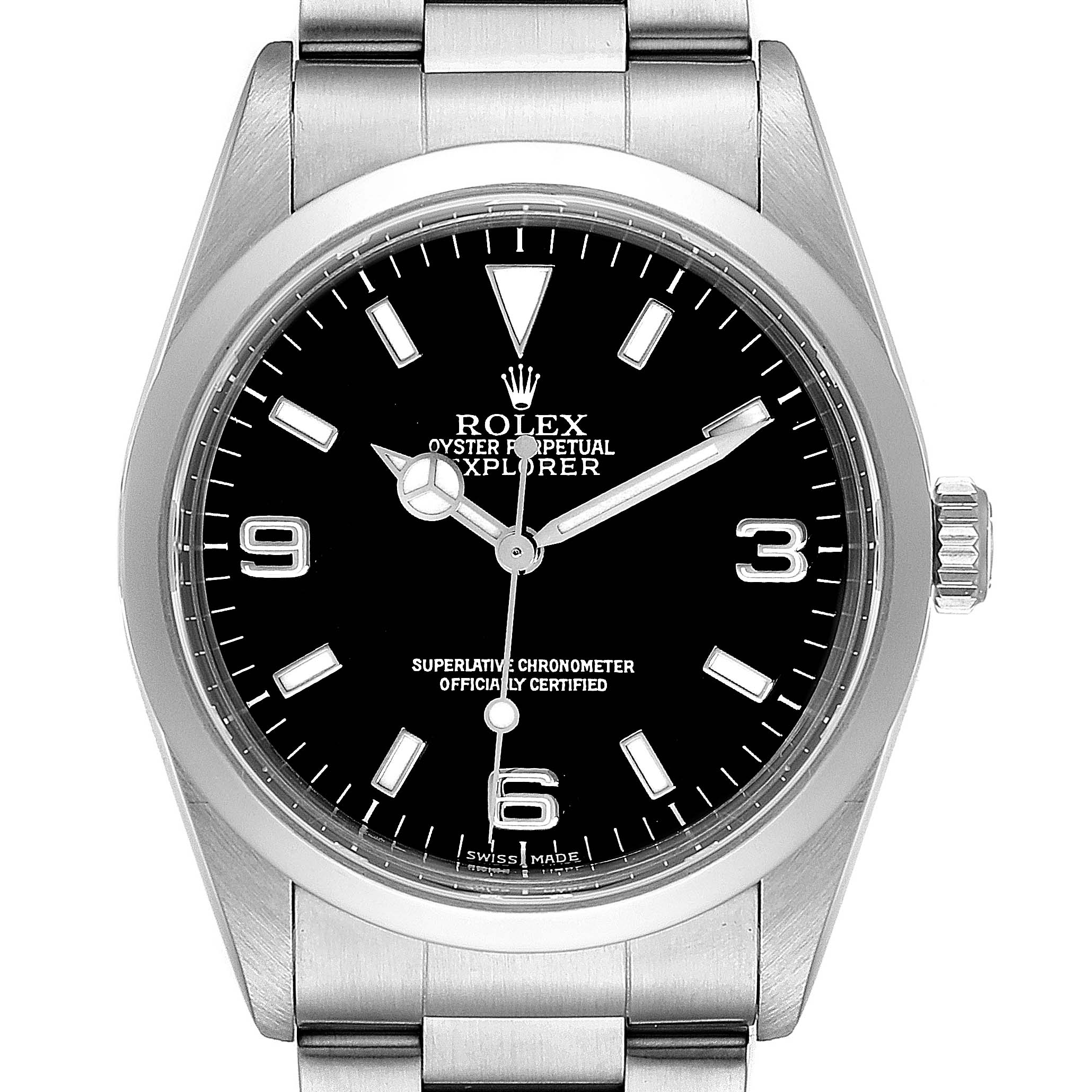 The image shows a front view of a Rolex Explorer 14270 Men's Stainless Steel Black Dial 14270 Men's Stainless Steel Black Dial watch, displaying the dial, hands, crown, and part of the bracelet.