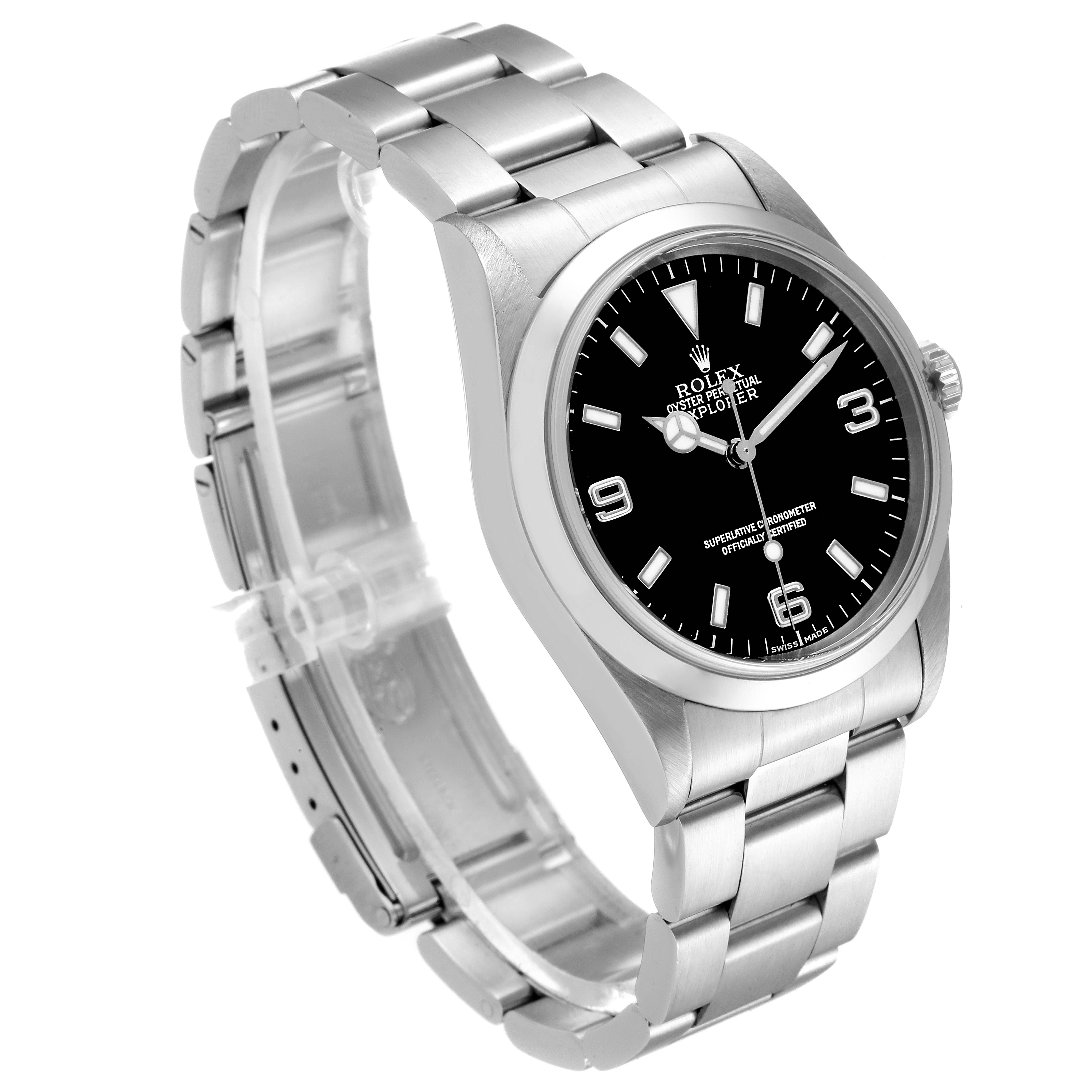 This image shows a Rolex Explorer 14270 Men's Stainless Steel Black Dial 14270 Men's Stainless Steel Black Dial watch at a three-quarter angle, highlighting its face, bezel, crown, and bracelet.