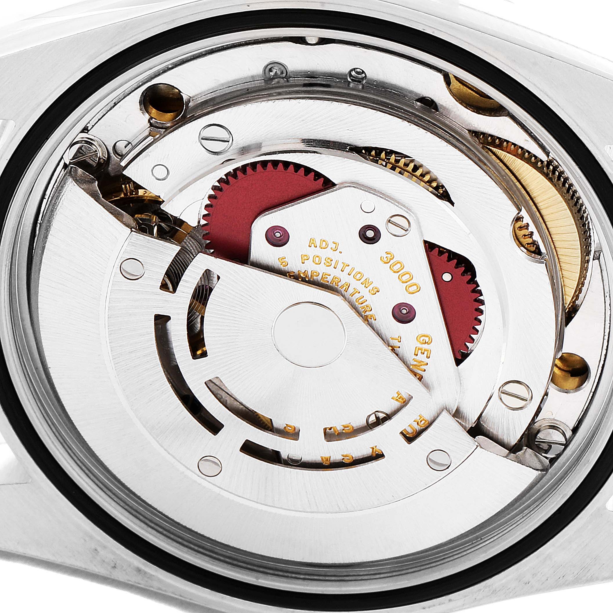 This is an angled close-up view showing the intricate mechanical workings of the Rolex Explorer 14270 Men's Stainless Steel Black Dial 14270 Men's Stainless Steel Black Dial model watch.