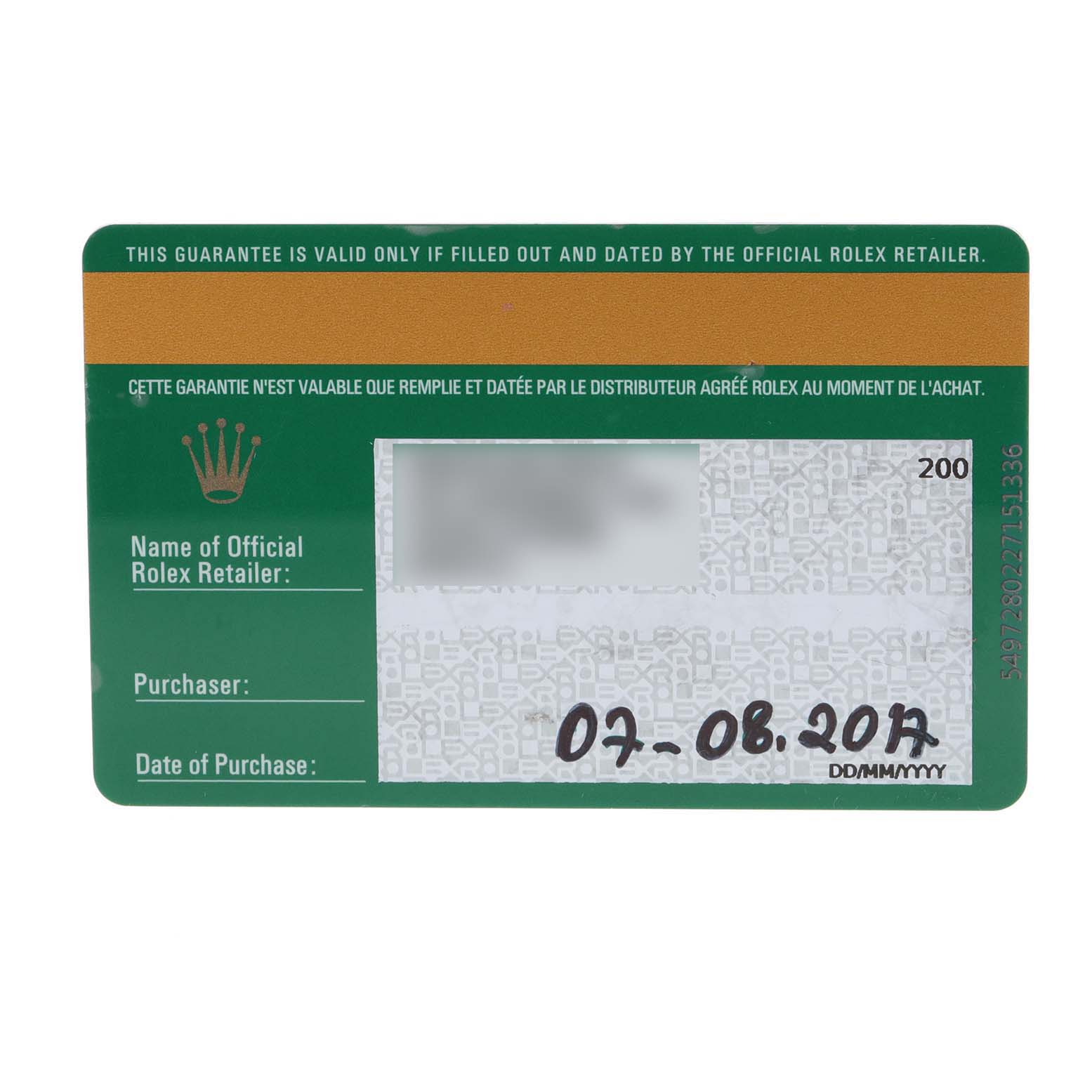 The image shows the guarantee card for the Rolex Explorer 216570 Men
s Stainless Steel White Dial 216570 Men
s Stainless Steel White Dial watch, including purchase details and retailer information.