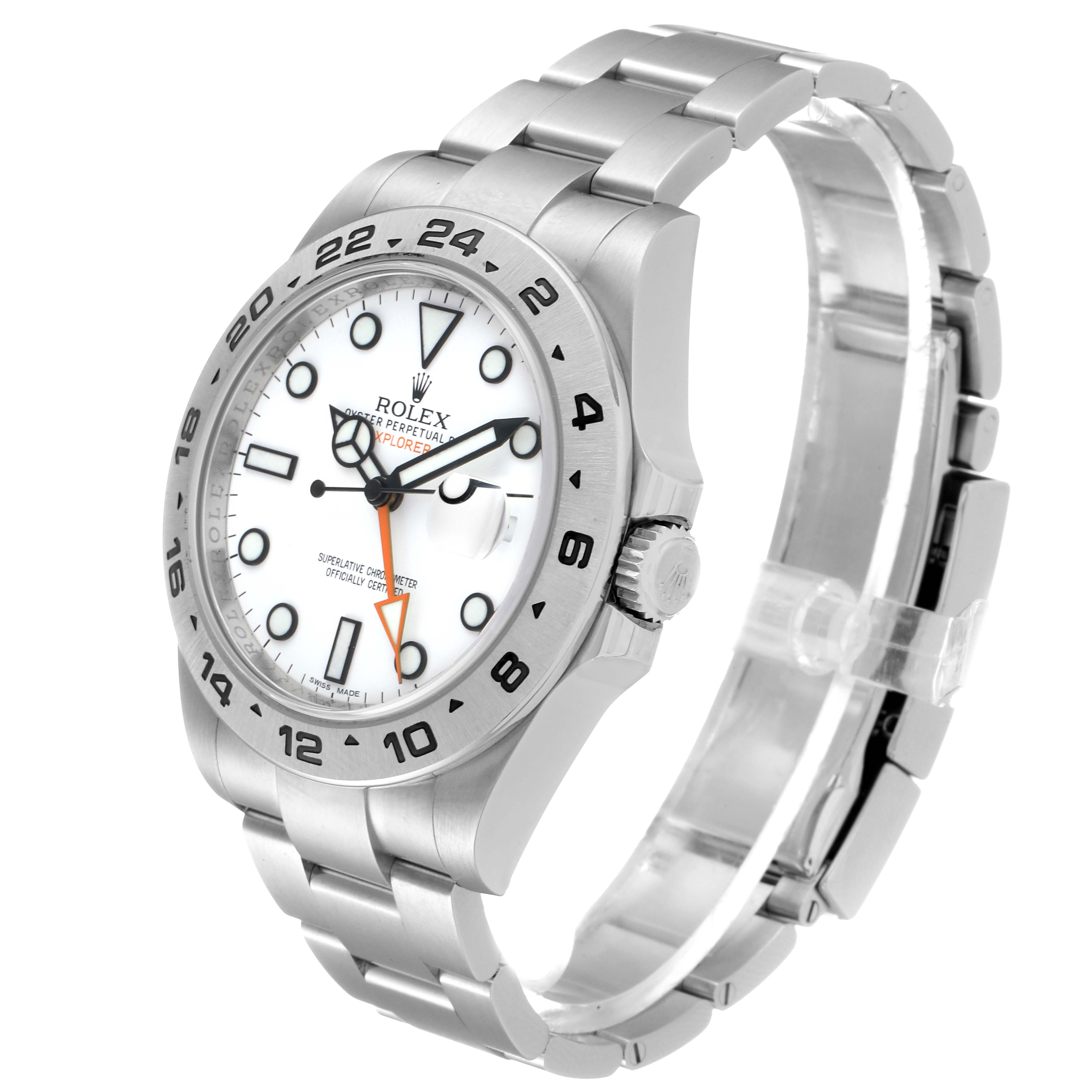 The image shows a side-front view of a Rolex Explorer 216570 Men
s Stainless Steel White Dial 216570 Men
s Stainless Steel White Dial watch, highlighting the face, bezel, crown, and part of the bracelet.