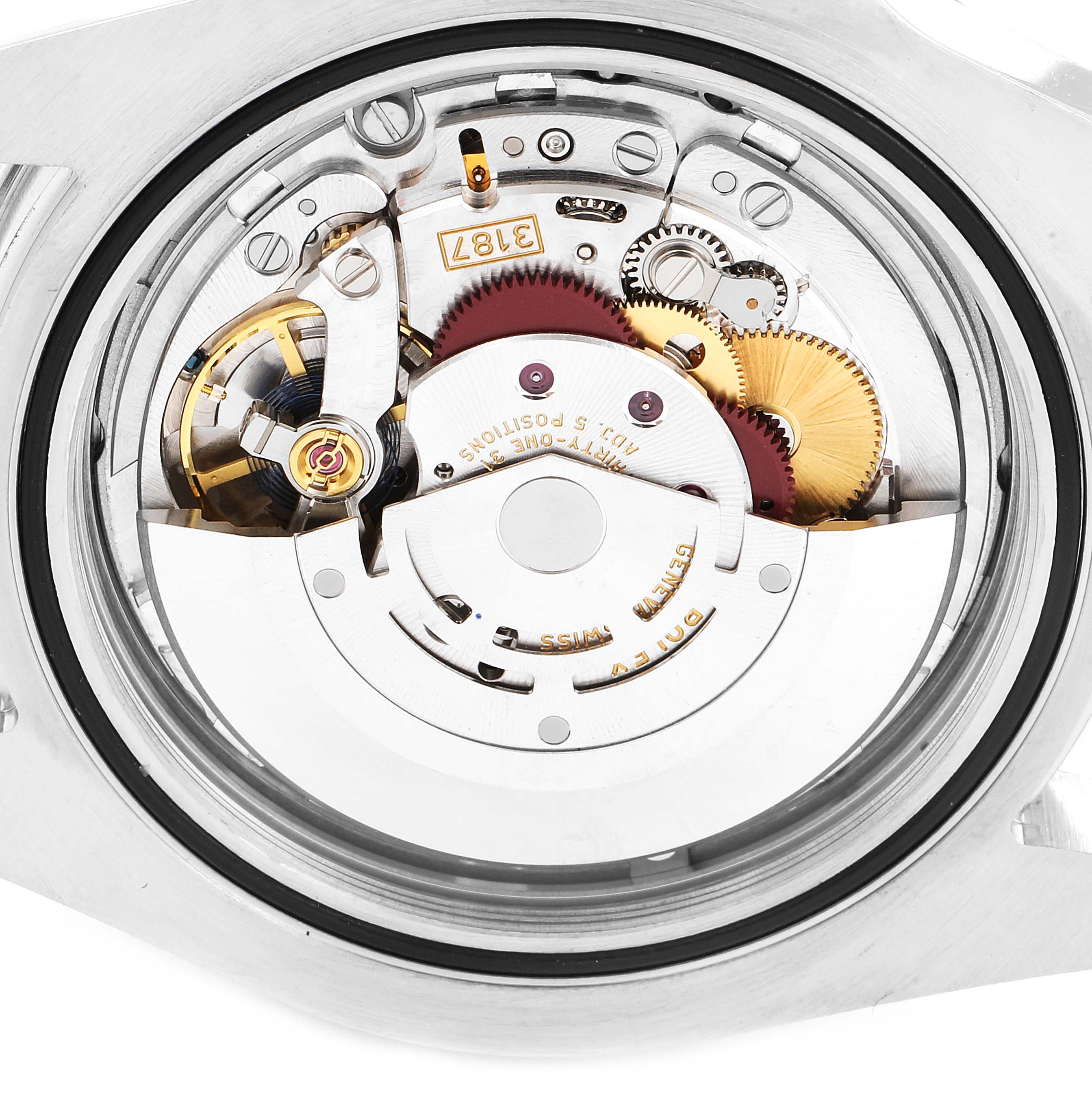 The image shows the internal mechanical movement of a Rolex Explorer 216570 Men
s Stainless Steel White Dial 216570 Men
s Stainless Steel White Dial watch from a back angle.