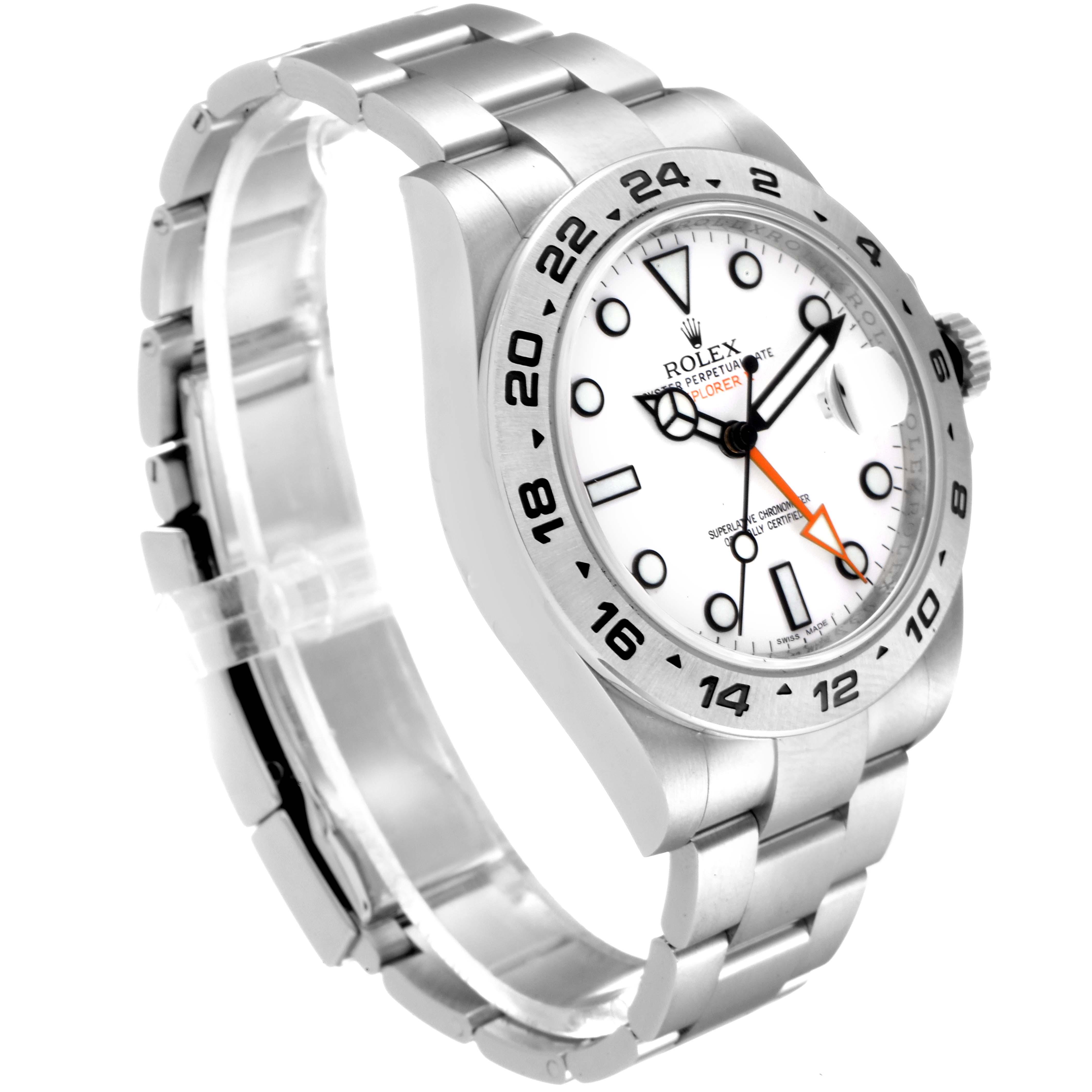 The image shows a side angle of the Rolex Explorer 216570 Men
s Stainless Steel White Dial 216570 Men
s Stainless Steel White Dial watch, displaying its bracelet, face, and bezel.