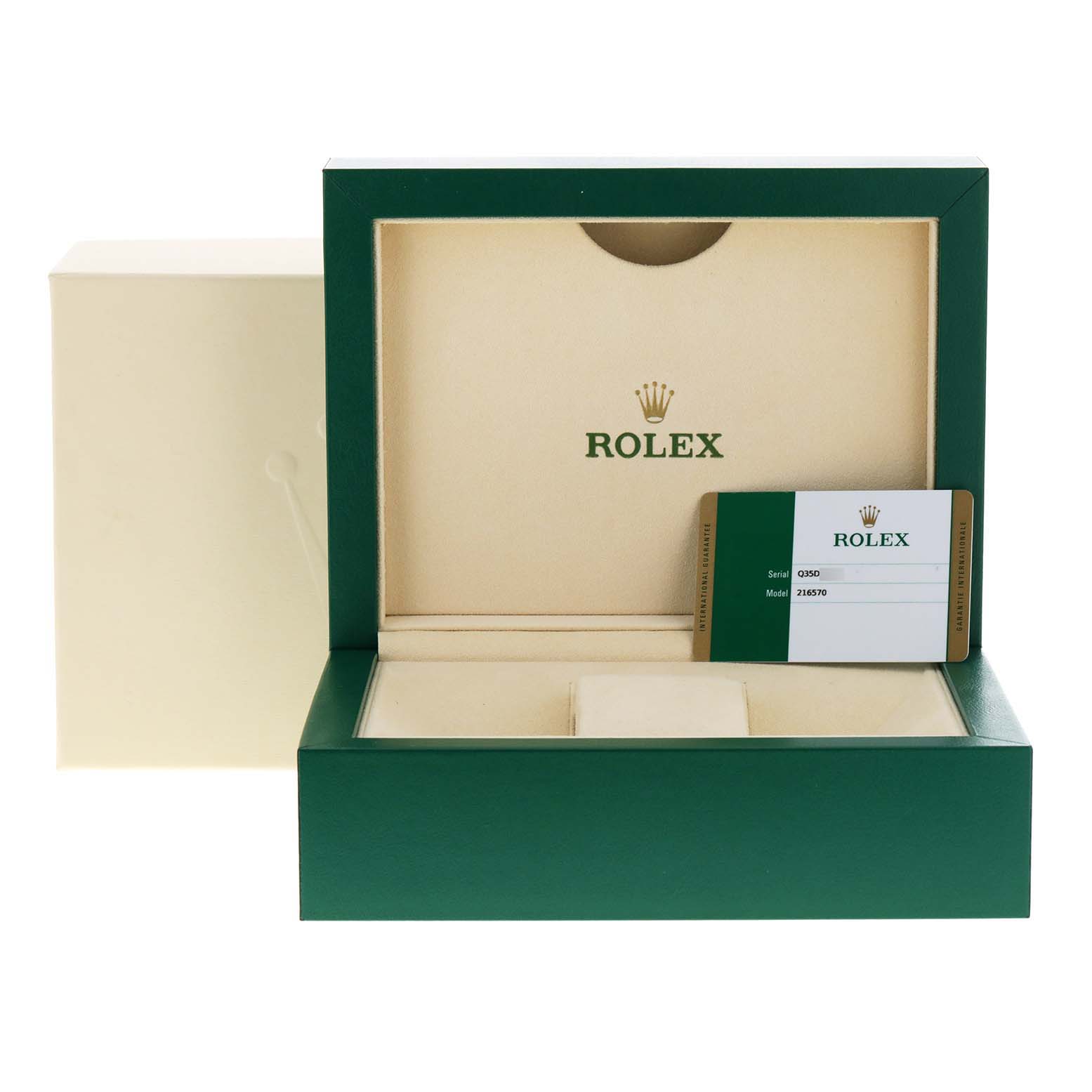 The image shows an open Rolex Explorer 216570 Men
s Stainless Steel White Dial 216570 Men
s Stainless Steel White Dial box with the warranty card.