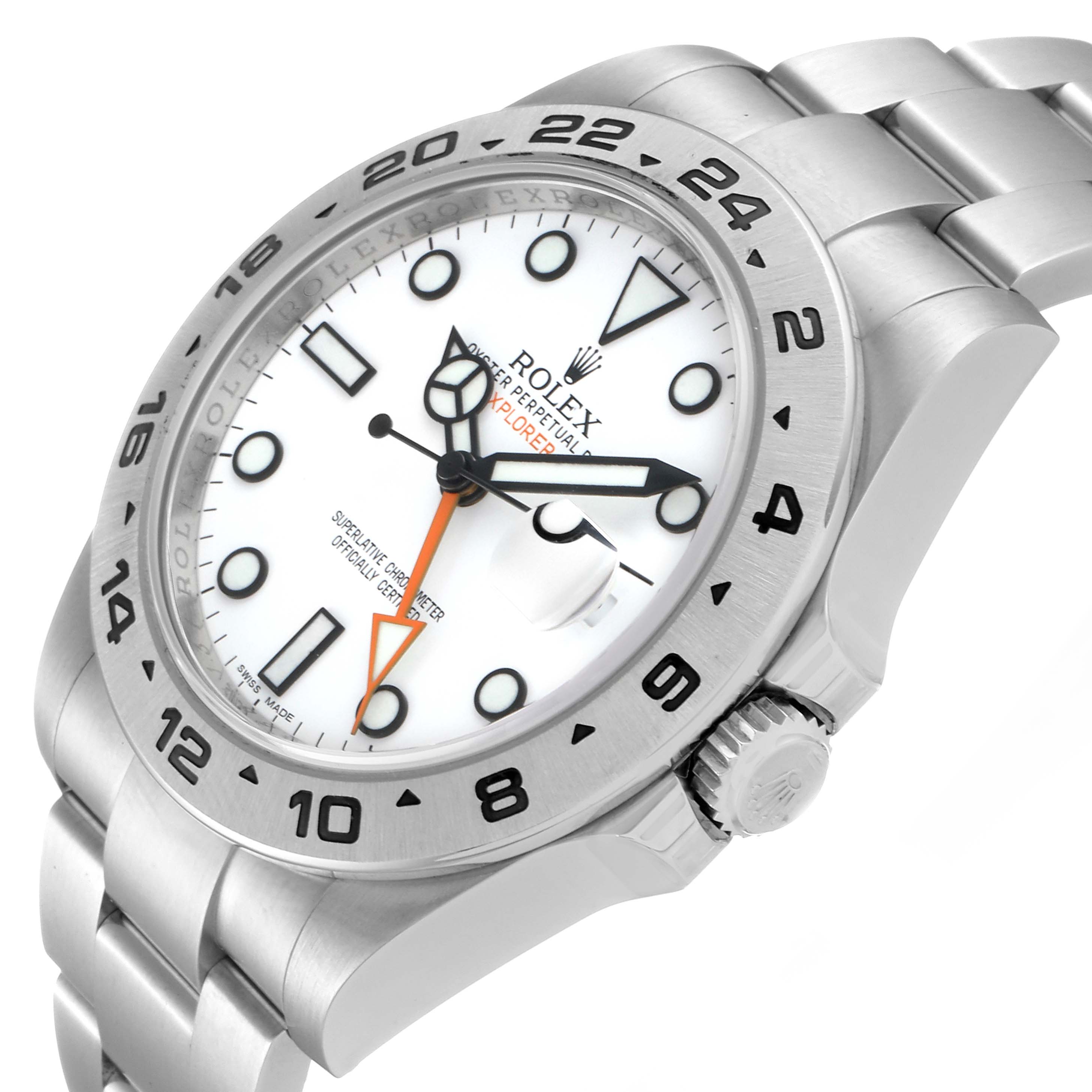 The image shows a side view of a Rolex Explorer 216570 Men
s Stainless Steel White Dial 216570 Men
s Stainless Steel White Dial watch, highlighting its bezel, crown, and bracelet.