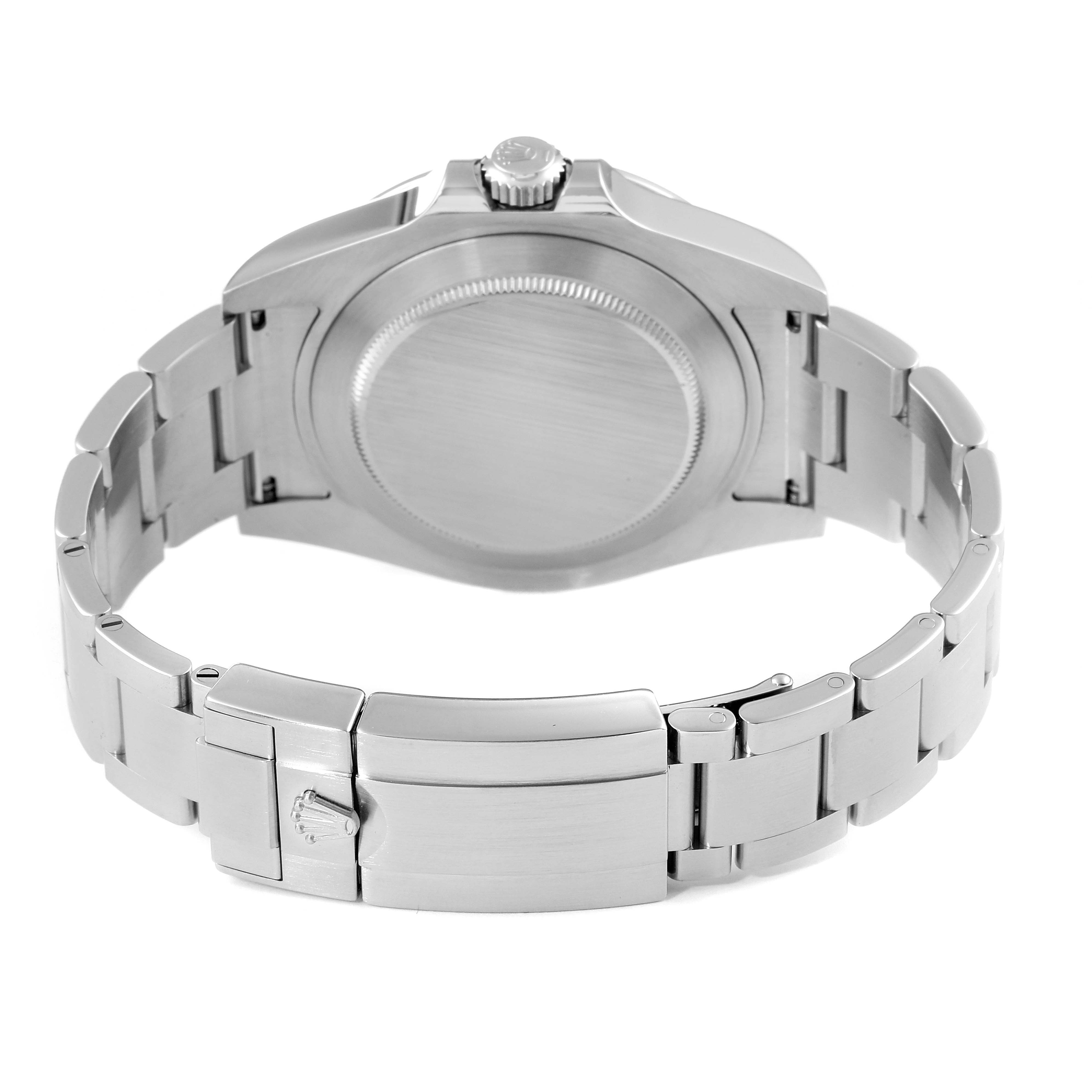 The image shows the backside of a Rolex Explorer 216570 Men
s Stainless Steel White Dial 216570 Men
s Stainless Steel White Dial watch, highlighting its clasp, bracelet, and case back.