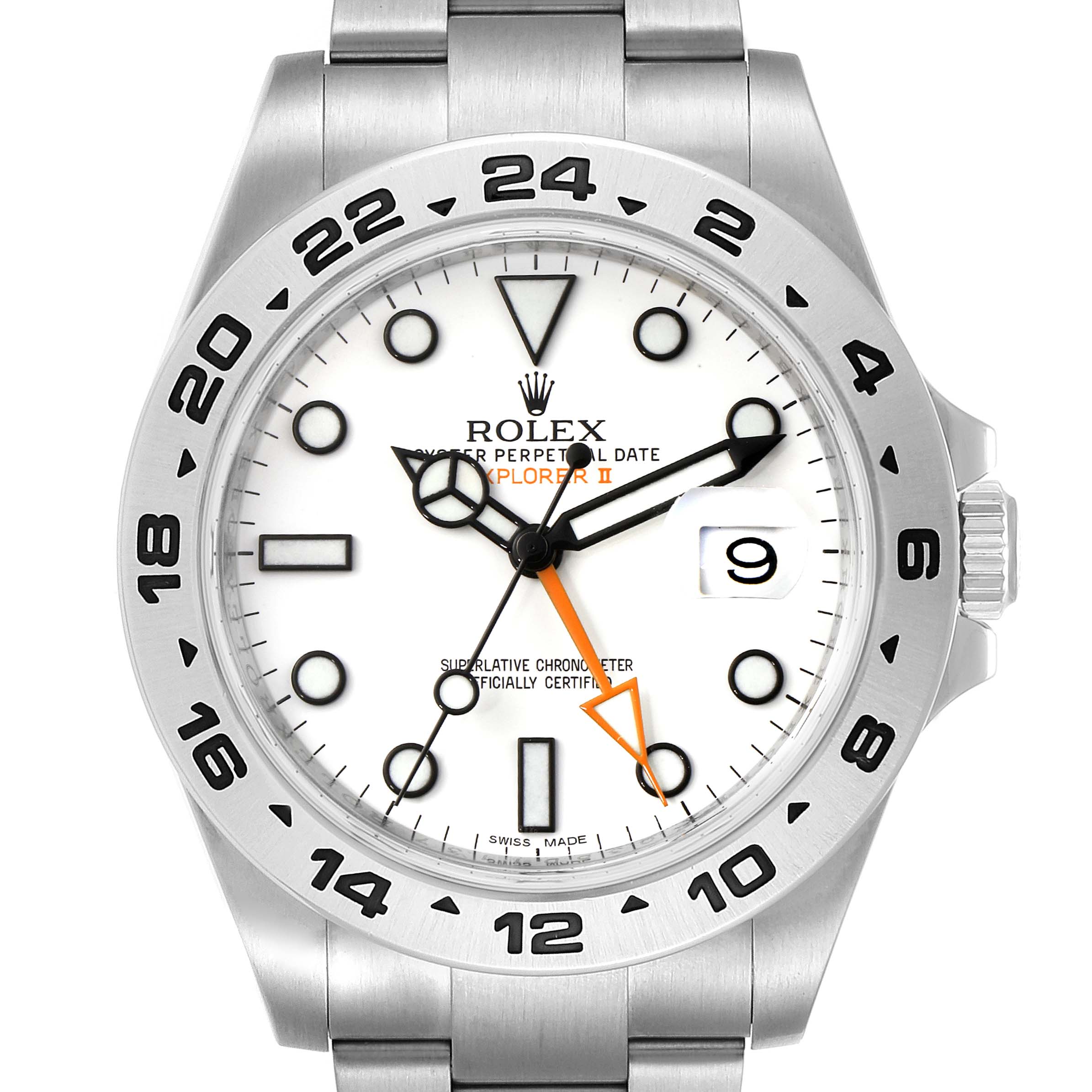 The image shows a front view of the Rolex Explorer 216570 Men
s Stainless Steel White Dial 216570 Men
s Stainless Steel White Dial watch, displaying the dial, bezel, hands, and part of the bracelet.